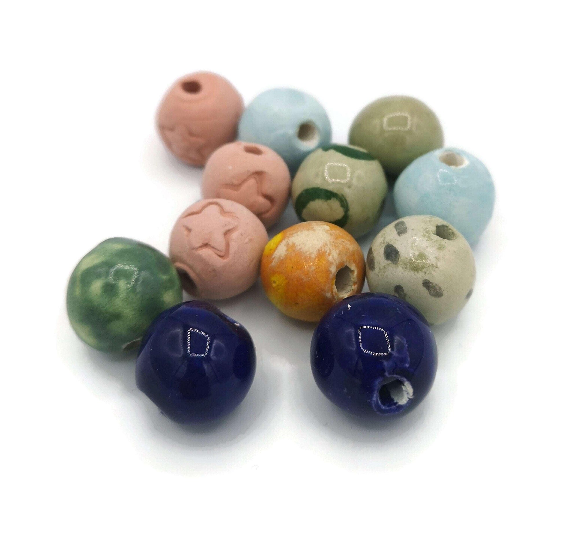 12Pc Handmade Ceramic Beads For Jewelry making, Round Mixed Clay Beads For Crafts,Decorative Macrame Beads Large Hole 2mm, Assorted Beads