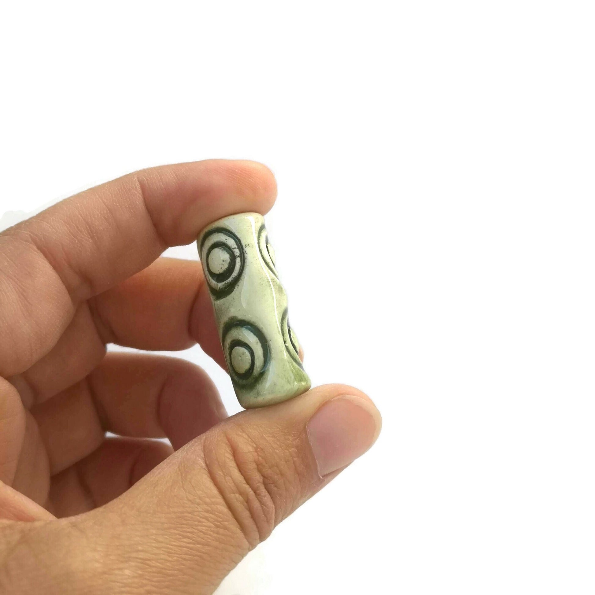 6 Pcs Unique Macrame Beads Large Hole 4 mm, Ceramic Tube Beads 30mm Long For Jewelry Making, Best Sellers Green Clay Beads - Ceramica Ana Rafael