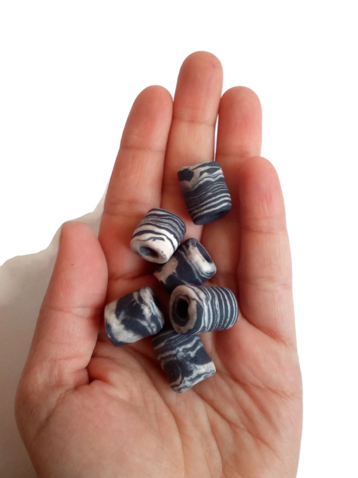 6Pcs Macrame beads large hole, handmade ceramic tube beads for jewelry making, unique black and white beads, dreadlock beads, best sellers - Ceramica Ana Rafael