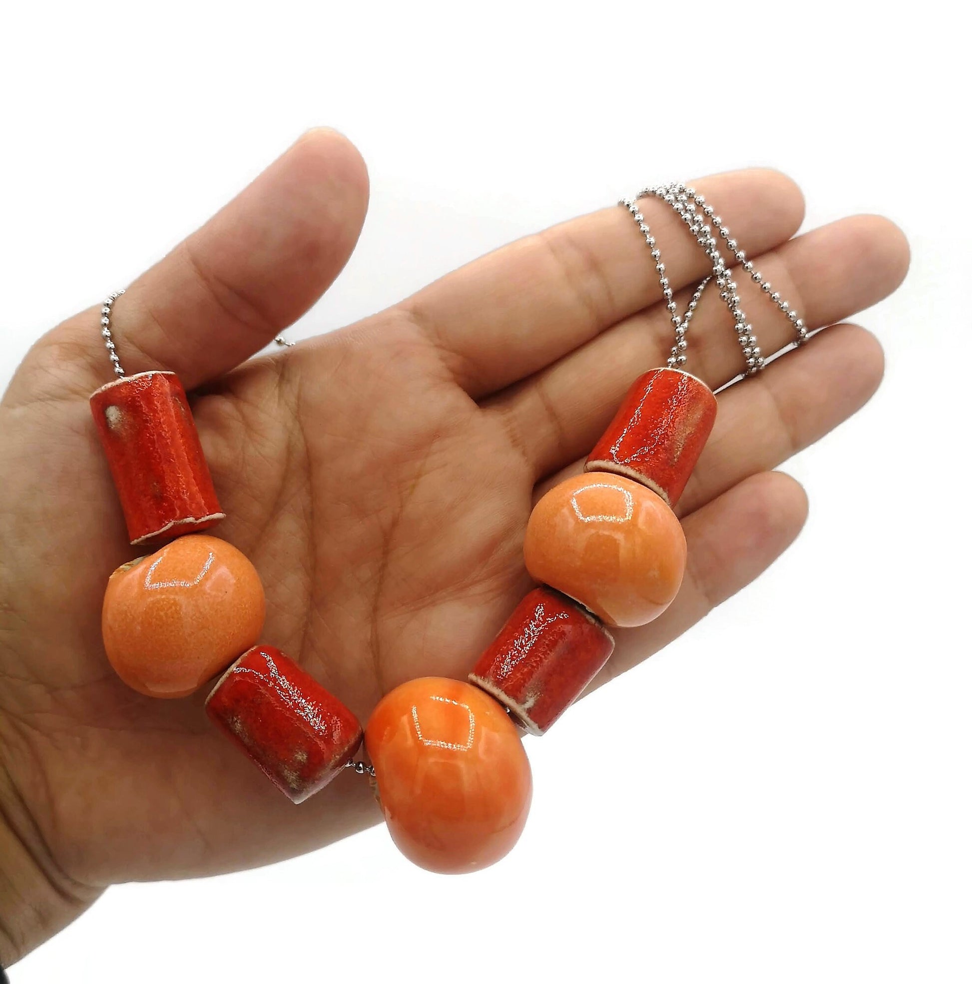 Large Red And Orange Beaded Statement Necklace For Women, Everyday Aesthetic Necklace, Best Gifts For Her, Handmade Ceramic Jewelry - Ceramica Ana Rafael