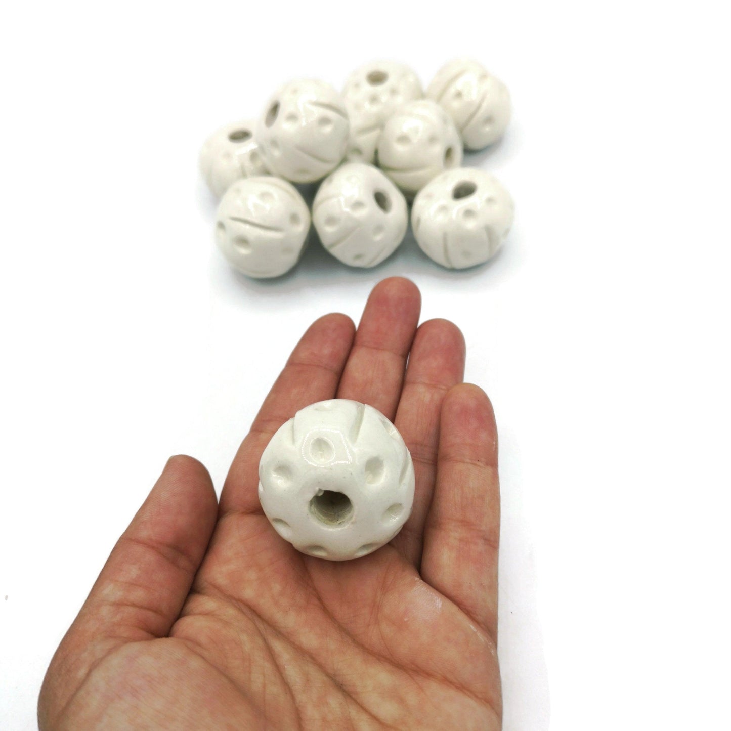 1Pc 35mm White Large Hole Beads, round beads for bracelets, clay beads for jewelry making supplies, best handmade ceramic beads for macrame - Ceramica Ana Rafael
