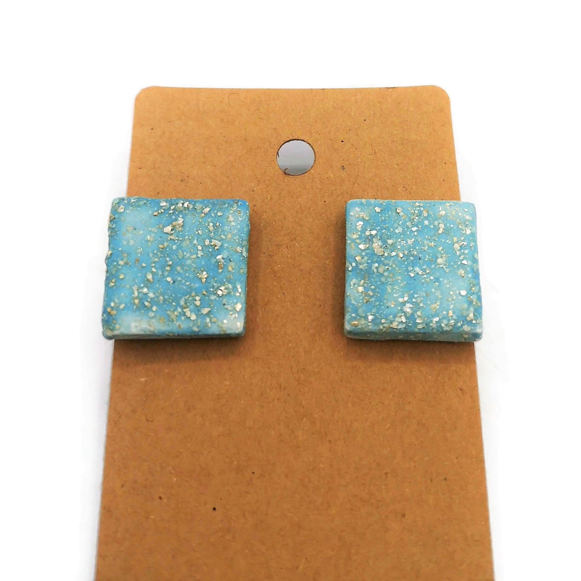 CLAY STUD EARRINGS, Geometric Earrings, Turquoise Studs, Sparkling Blue Designer Earrings, Easter Basket Stuffer Best Gifts For Her - Ceramica Ana Rafael