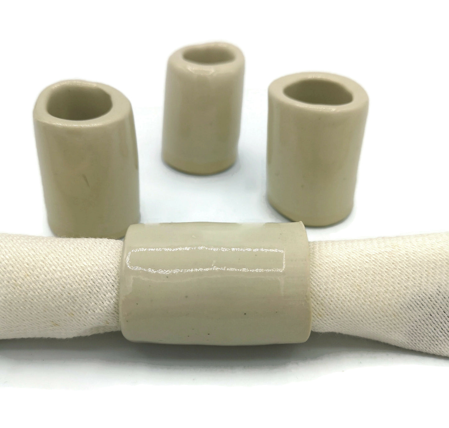 Beige Stoneware Handmade Napkin Rings Set Of 4 Napkin Holder, Host Gift, Best Housewarming Gift First Home For Women, Artisan Ceramic Tubes - Ceramica Ana Rafael