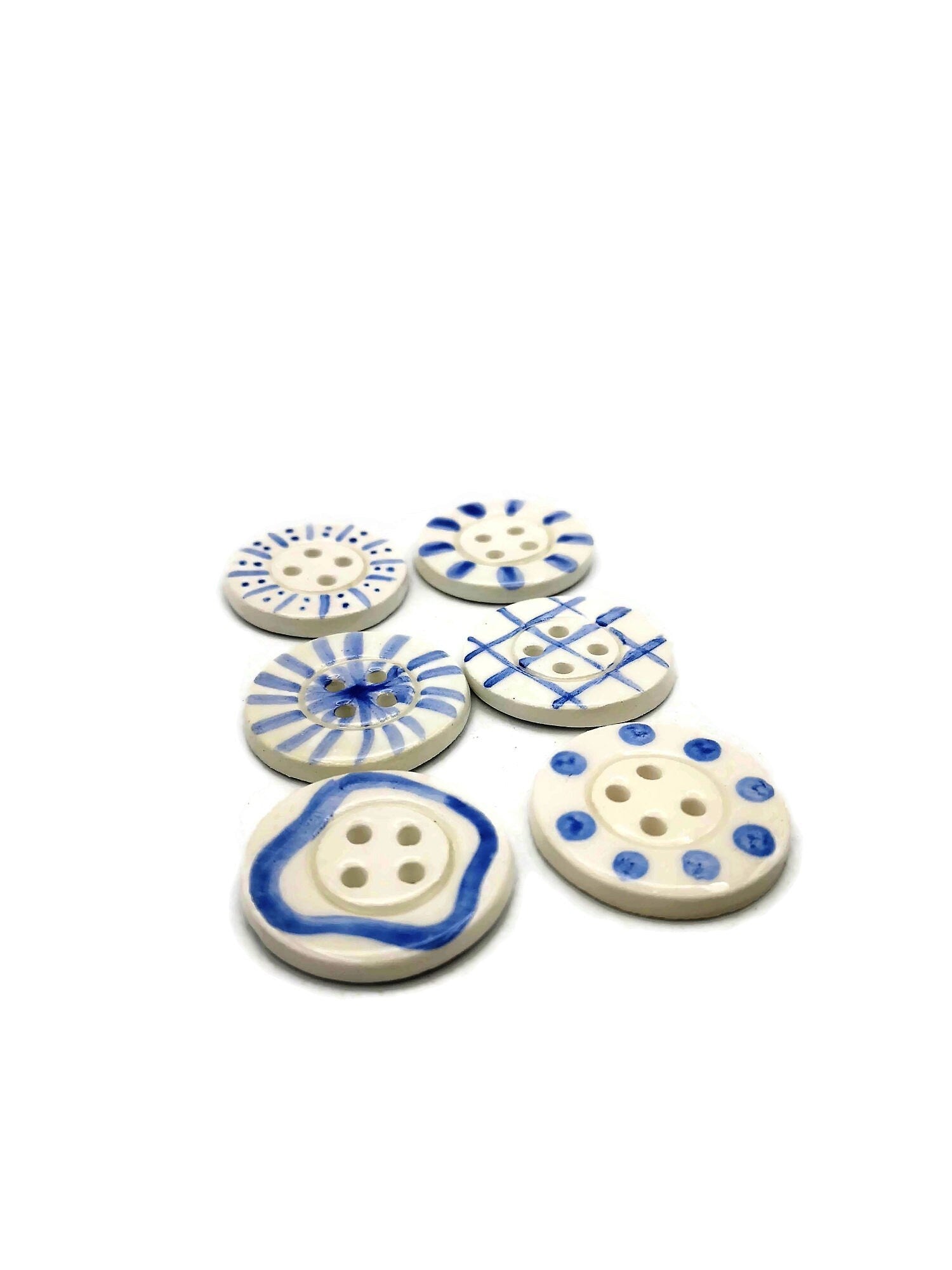 6Pc Large Handmade Ceramic Buttons For Sewing, Hand Painted Antique Look White And Blue Buttons, Best Sellers Sewing Supplies And Notions - Ceramica Ana Rafael