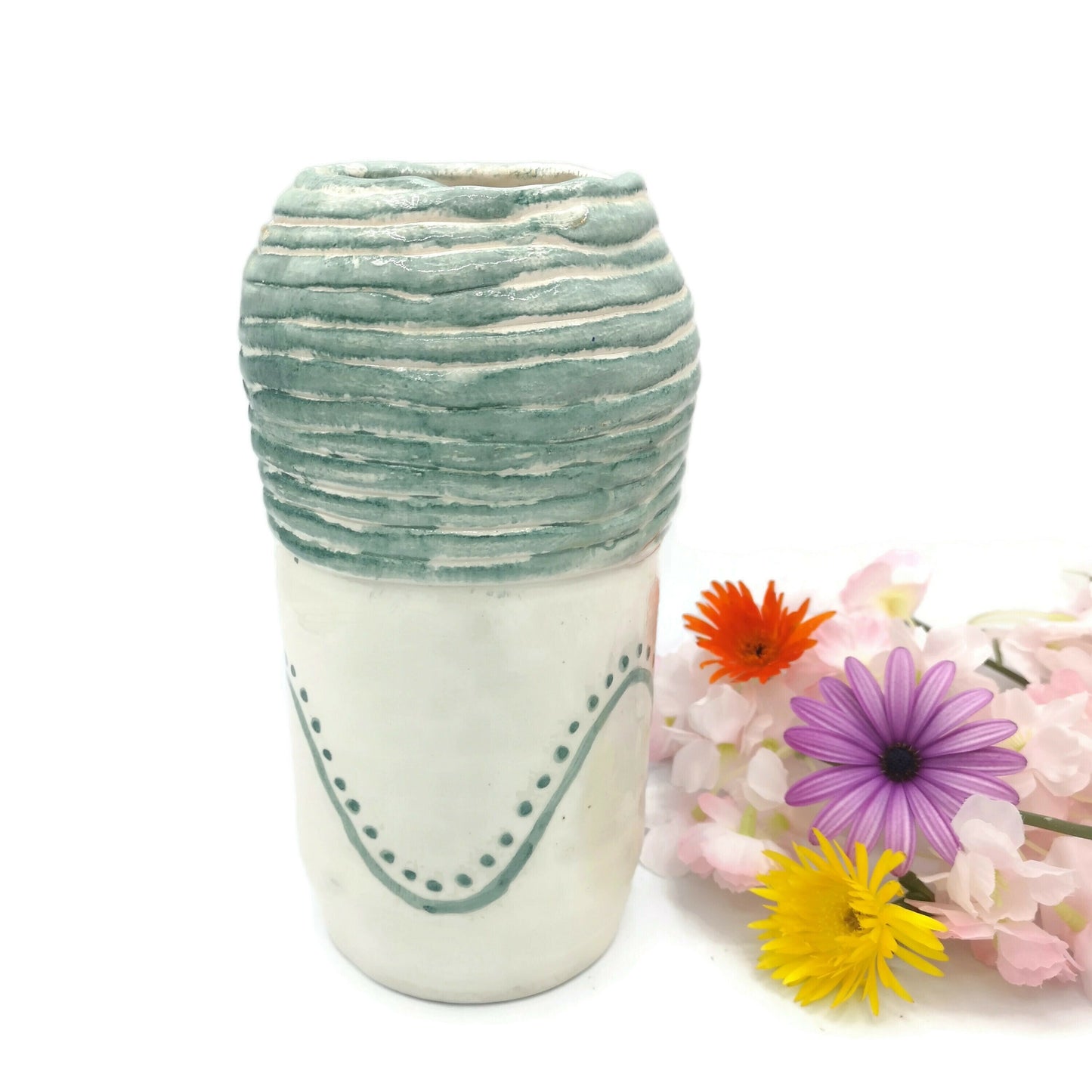 Handmade Ceramic Vase Hand Painted Sage Green Pottery For Home Decor, Portuguese Tall Vase With Texture To Put Fresh Flowers - Ceramica Ana Rafael