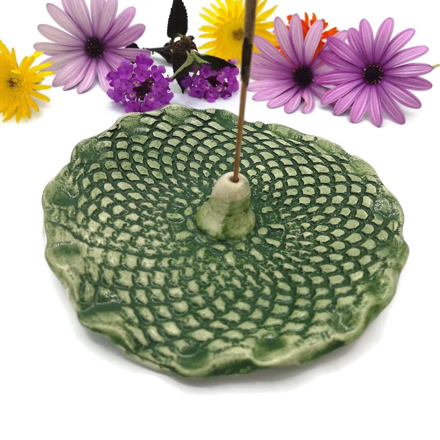 Handmade Ceramic Green Incense Stick Holder With Vintage Lace Texture, Best Gifts For Her, Clay Incense Burner, Housewarming Gift First Home - Ceramica Ana Rafael