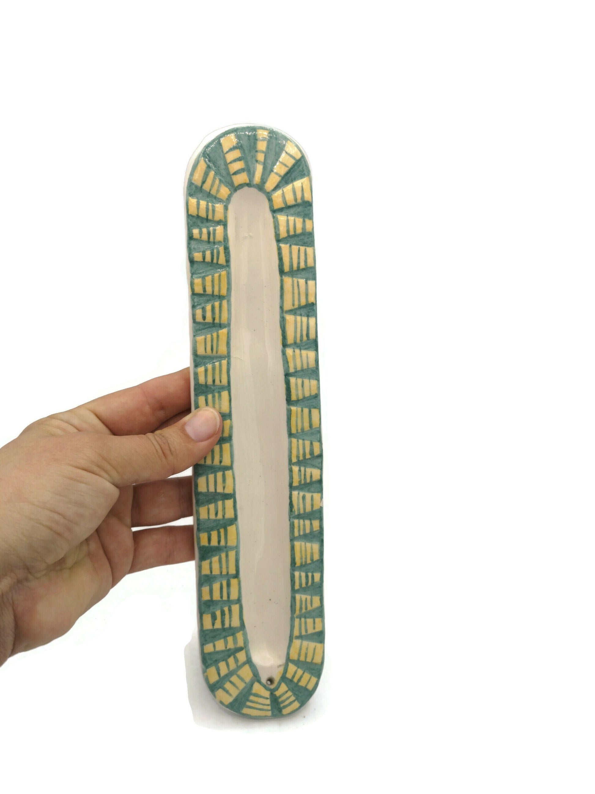 Handmade Ceramic Incense Stick Holder, Hand Pinted Green And Yellow Long Incense Tray, Artisan Portuguese Potery Gift Idea For Women - Ceramica Ana Rafael