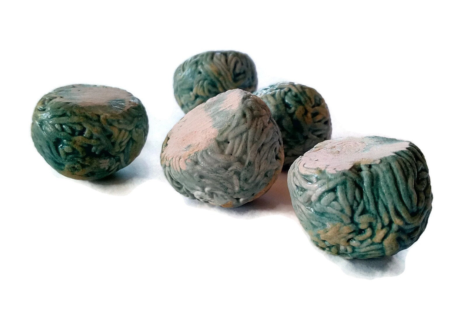 5Pc Green Assorted Round Cabochon Strange And Unusual, Handmade Ceramic Beads No Hole For Jewelry Making, Porcelain - Ceramica Ana Rafael