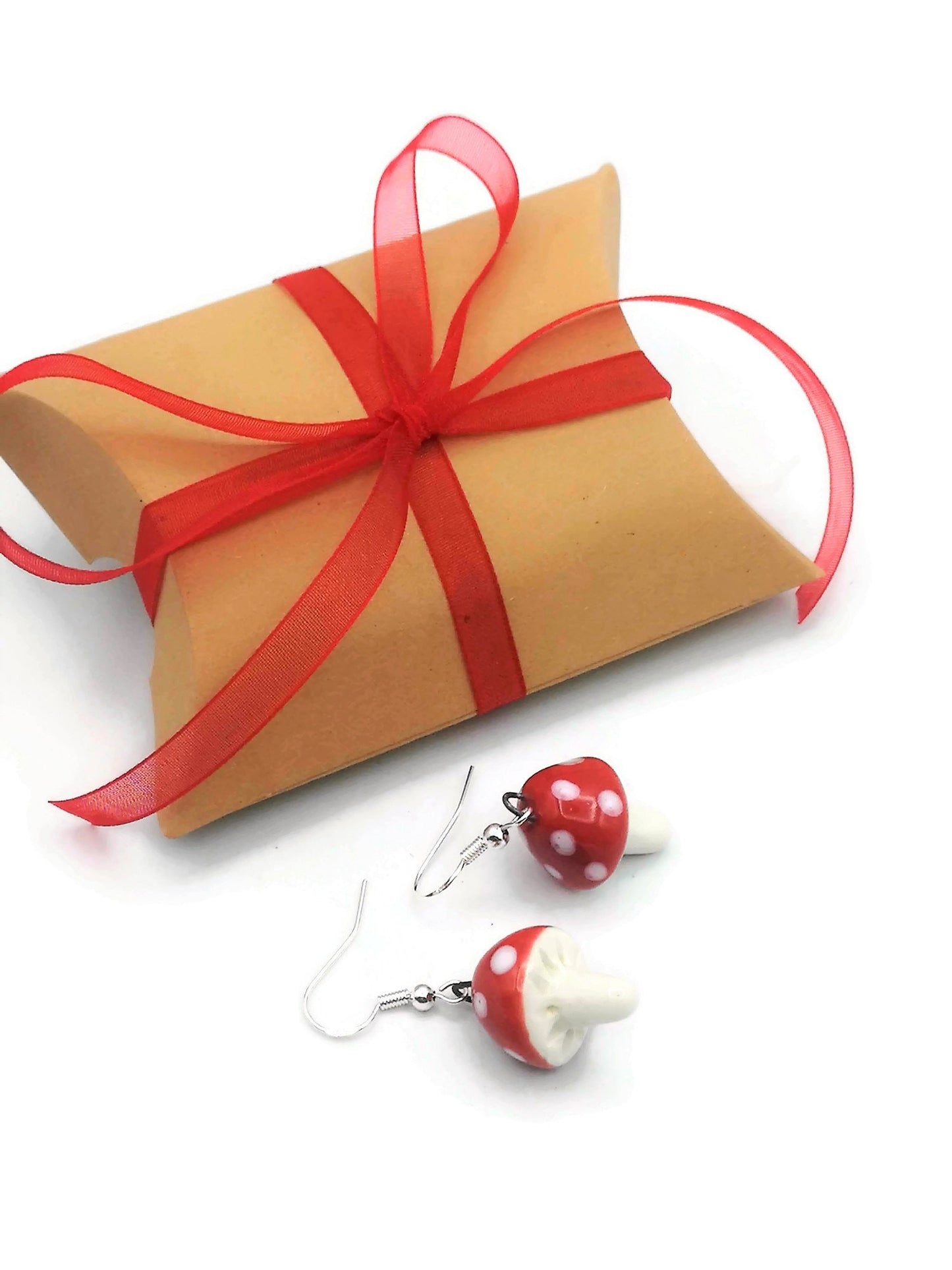 Handmade Ceramic Red Mushroom Earrings For Women, Cottagecore Artisan Jewelry Gift For Her, Best Boho Sterling Silver Cute Dangle Earrings - Ceramica Ana Rafael