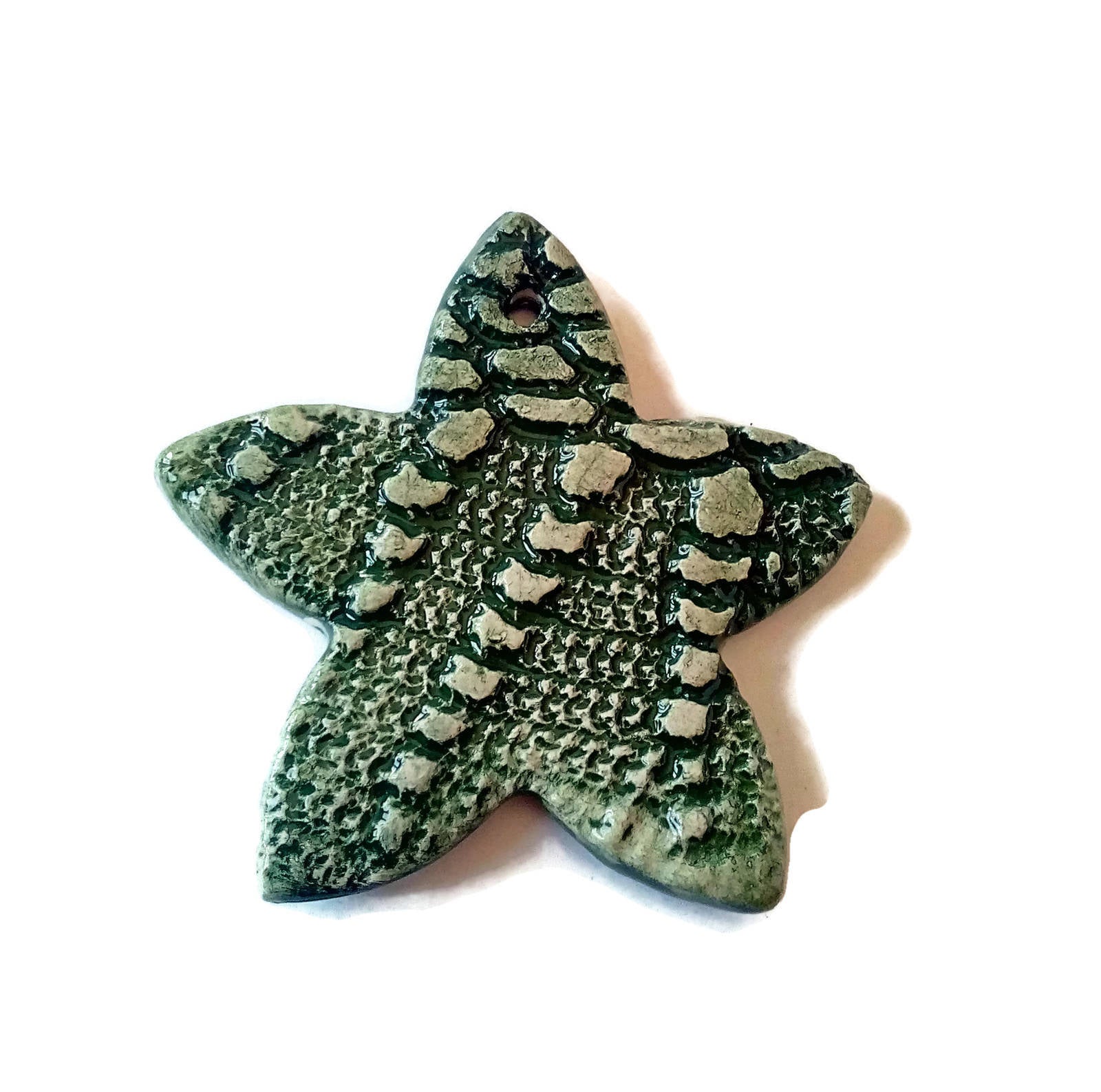 3Pcs Handmade Ceramic Green Star Shaped Ornament, Christmas Tree Ornaments, Clay Wall Hanging , Antique Look Designer Wall Art, Lace Texture - Ceramica Ana Rafael