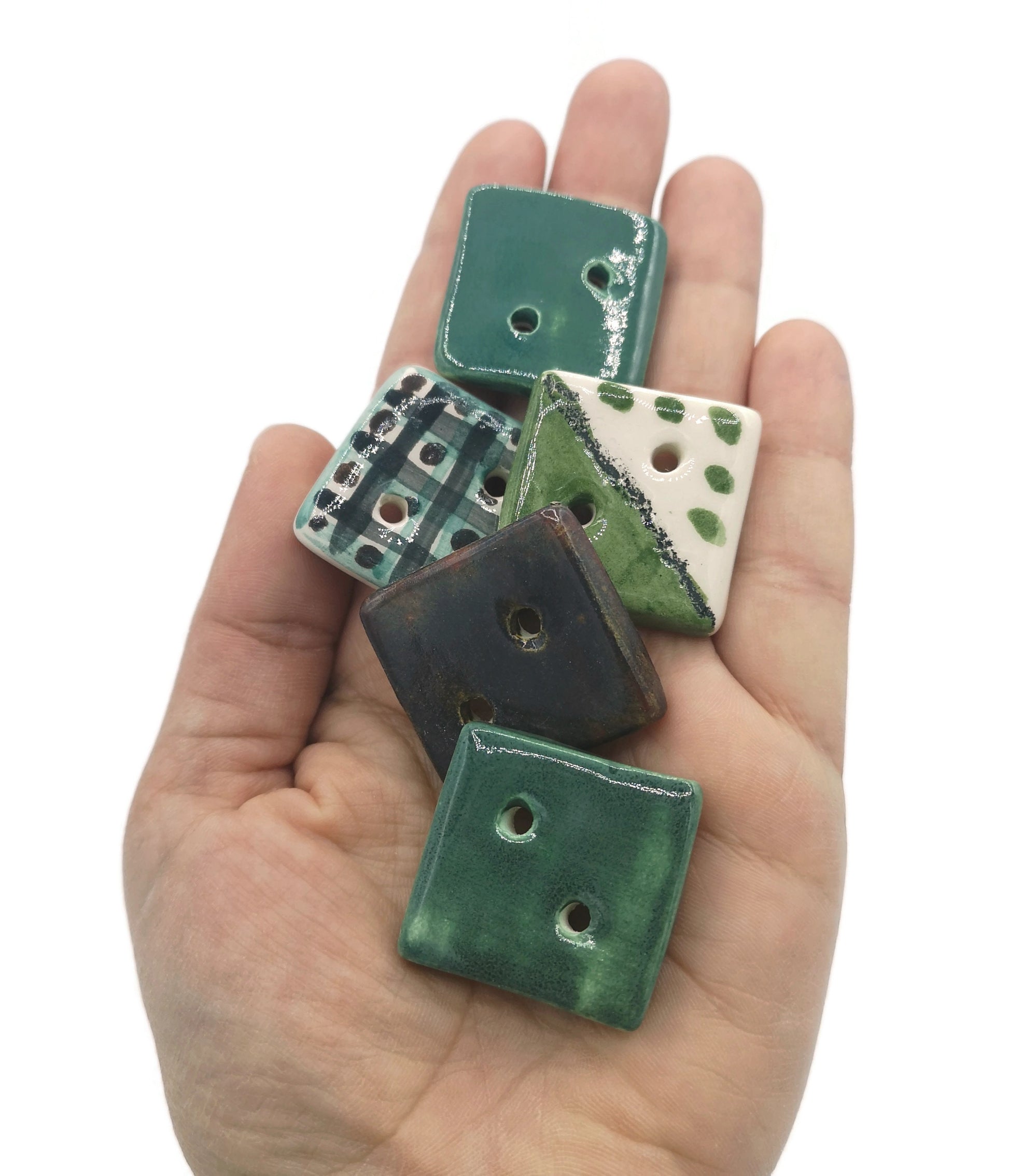 5Pc 30mm Handmade Ceramic Square Sewing Buttons For Crafts, 2 Hole Hand Painted Coat Buttons, Flat Back Button Lot, Blouse Buttons Flatback - Ceramica Ana Rafael