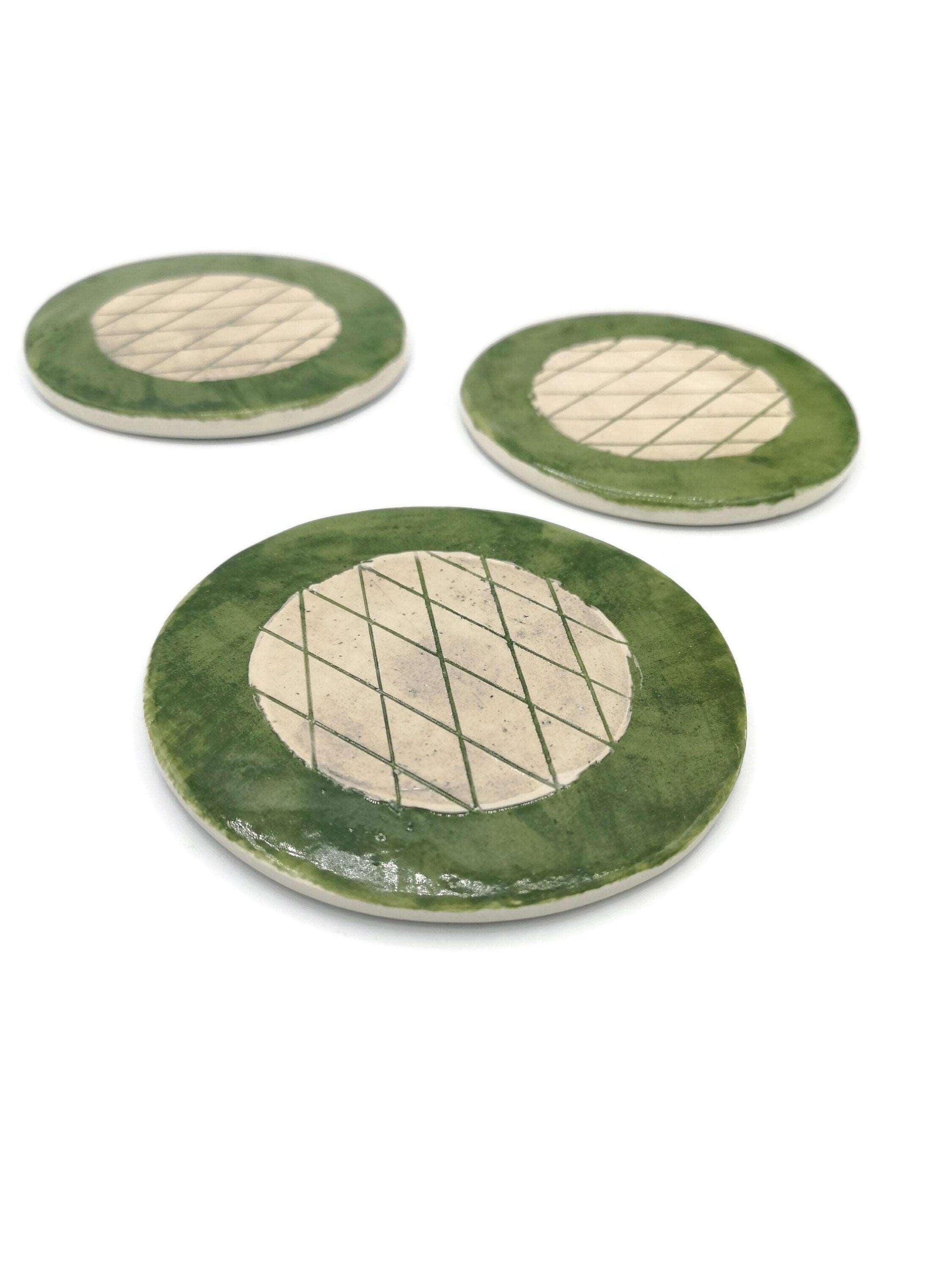 1Pc Handmade Ceramic Geometric Coaster For Drinks, Housewarming Gift First Home, Green Coasters Best Office Desk Accessories Gifts For Him