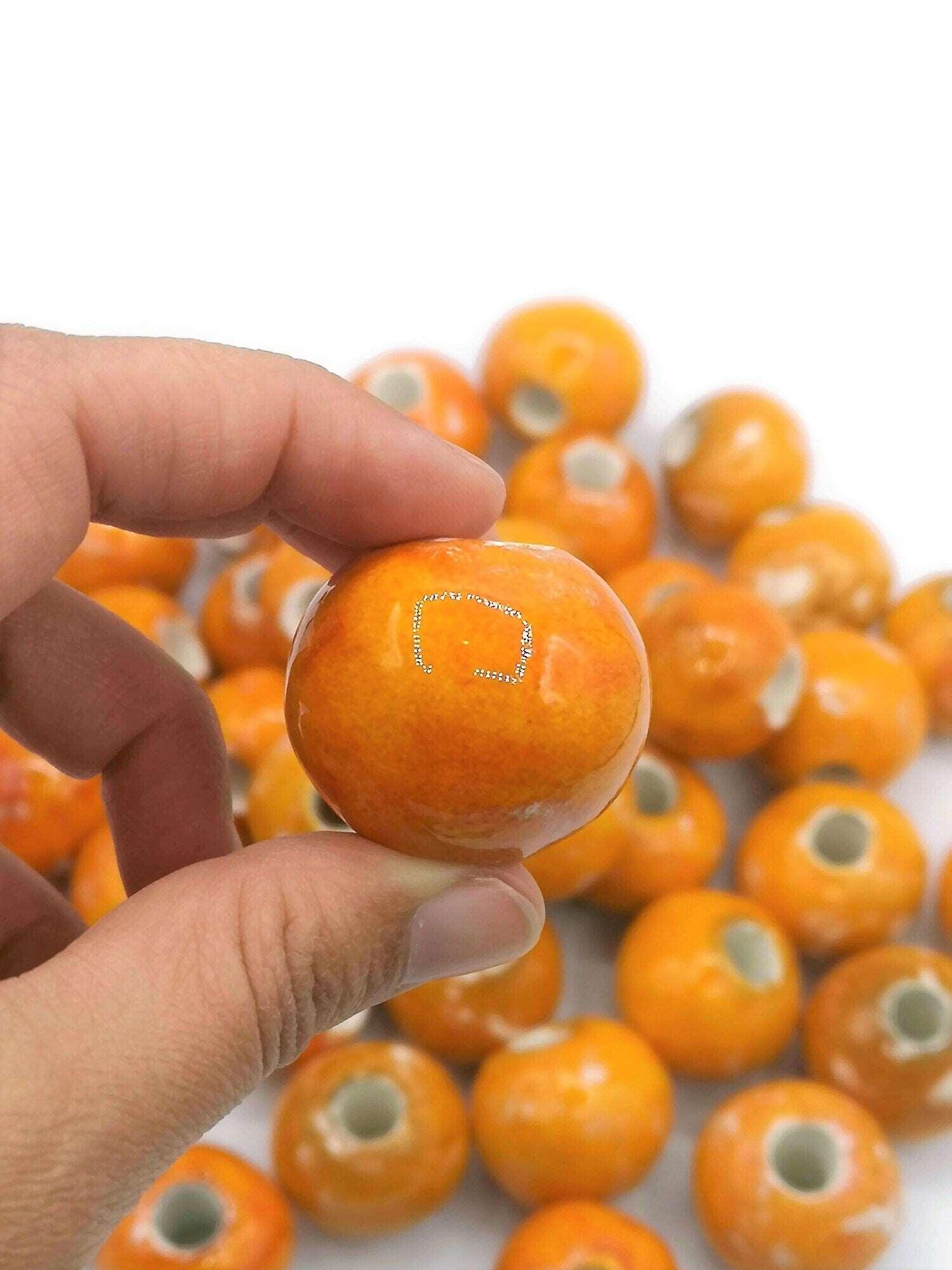 1Pc 30mm Extra Large Beads for Jewelry Making, Handmade Ceramic Macrame Beads Large Hole 7mm, Unique Giant Orange Beads For Plant Hanger
