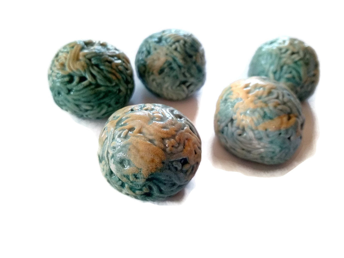 5Pc Green Assorted Round Cabochon Strange And Unusual, Handmade Ceramic Beads No Hole For Jewelry Making, Porcelain - Ceramica Ana Rafael