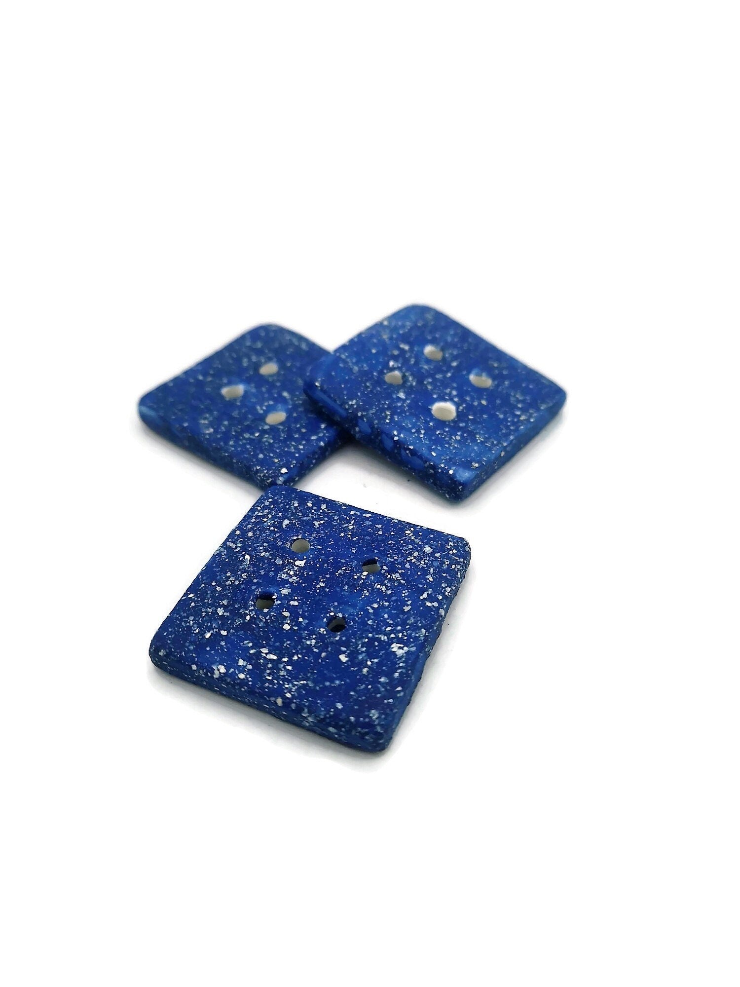 3Pc Extra Large Coat Buttons 40mm, Sparkly Blue Novelty Square Handmade Ceramic Sewing Supplies And Notions, Sewing Buttons For Blouse - Ceramica Ana Rafael