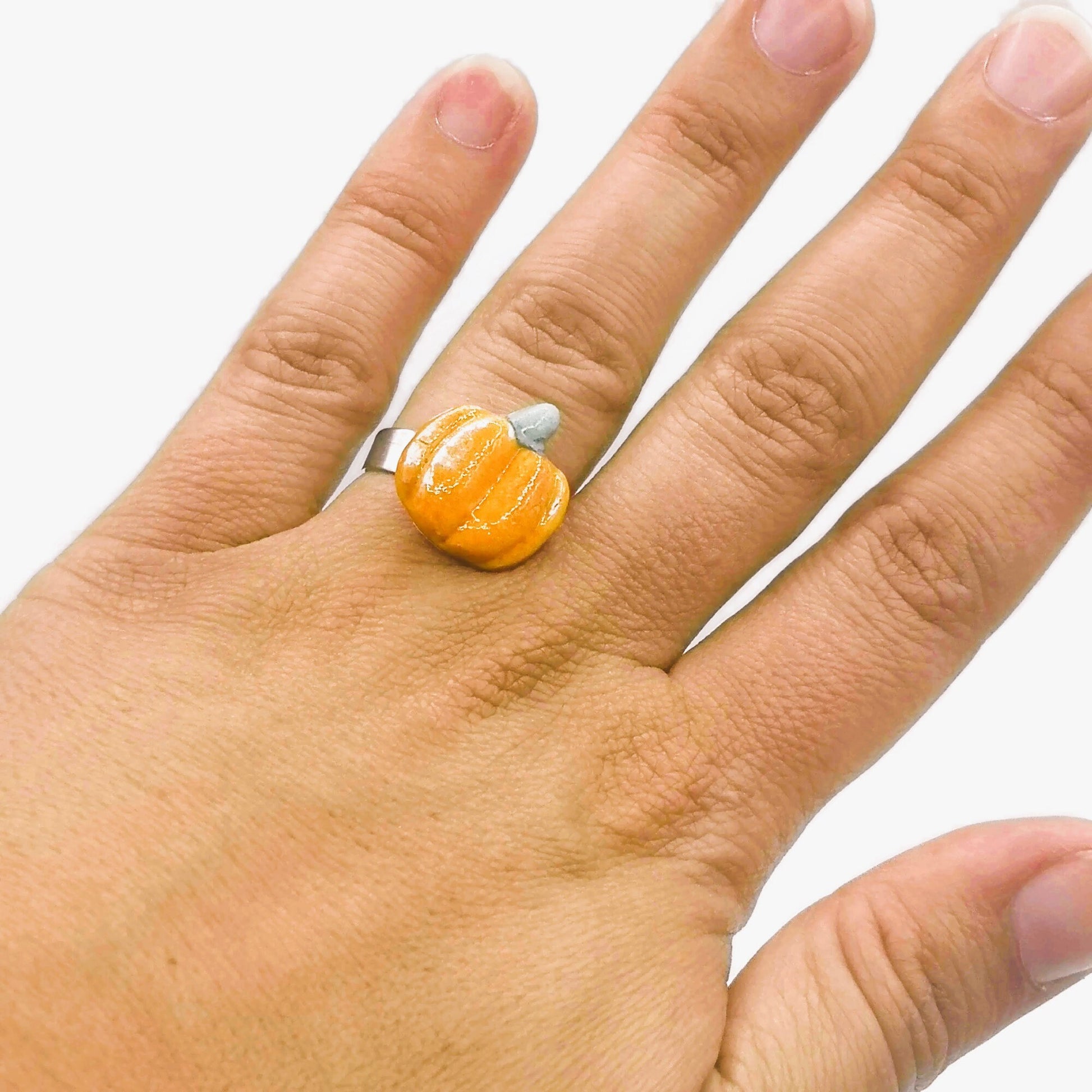 Handmade Ceramic Orange Pumpkin Statement Ring For Women, Stainless Steel Adjustable Ring For Halloween, Porcelain Fall Gifts For Her - Ceramica Ana Rafael