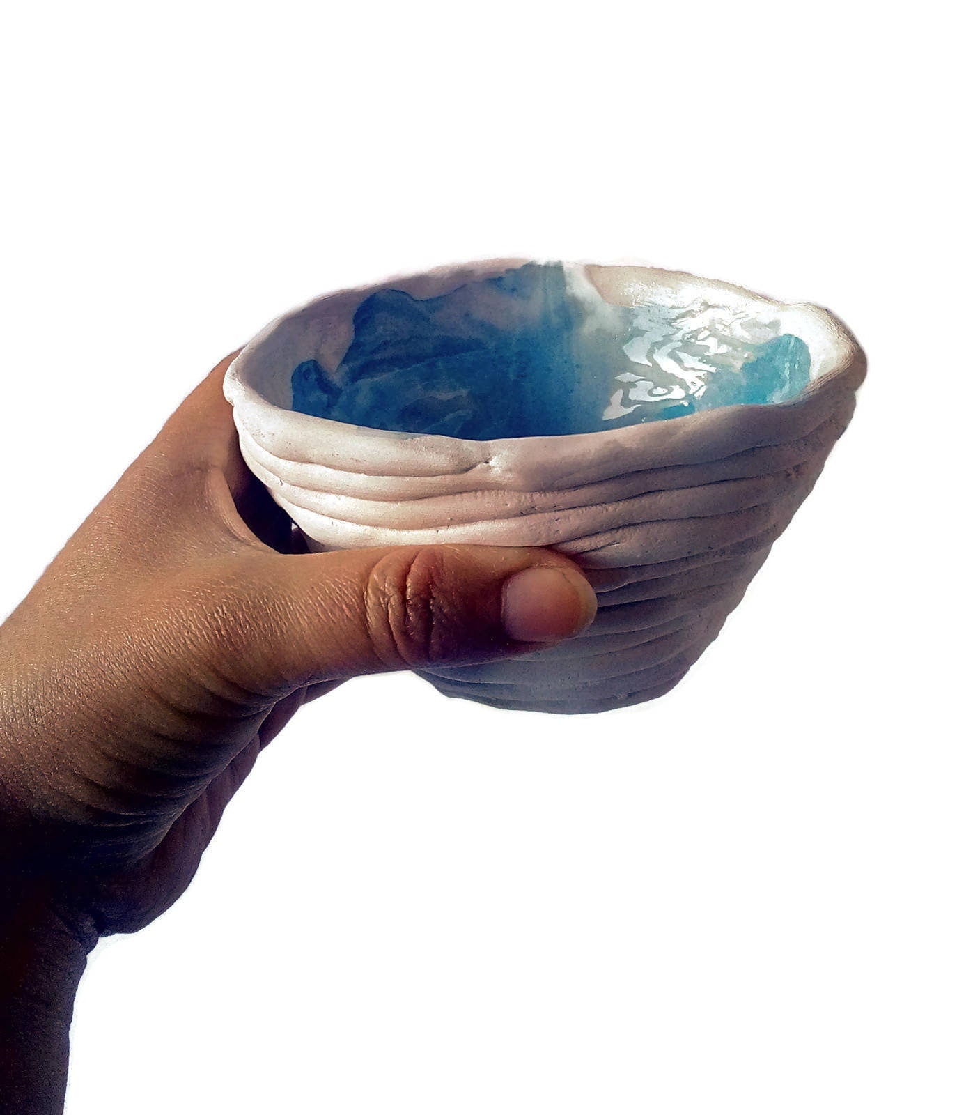 Handmade Ceramic Blue and White Bowl For Home Decor, Small Pottery Snack Bowls, Textured Irregular Shape Candle Holder, Trinket Bowl - Ceramica Ana Rafael