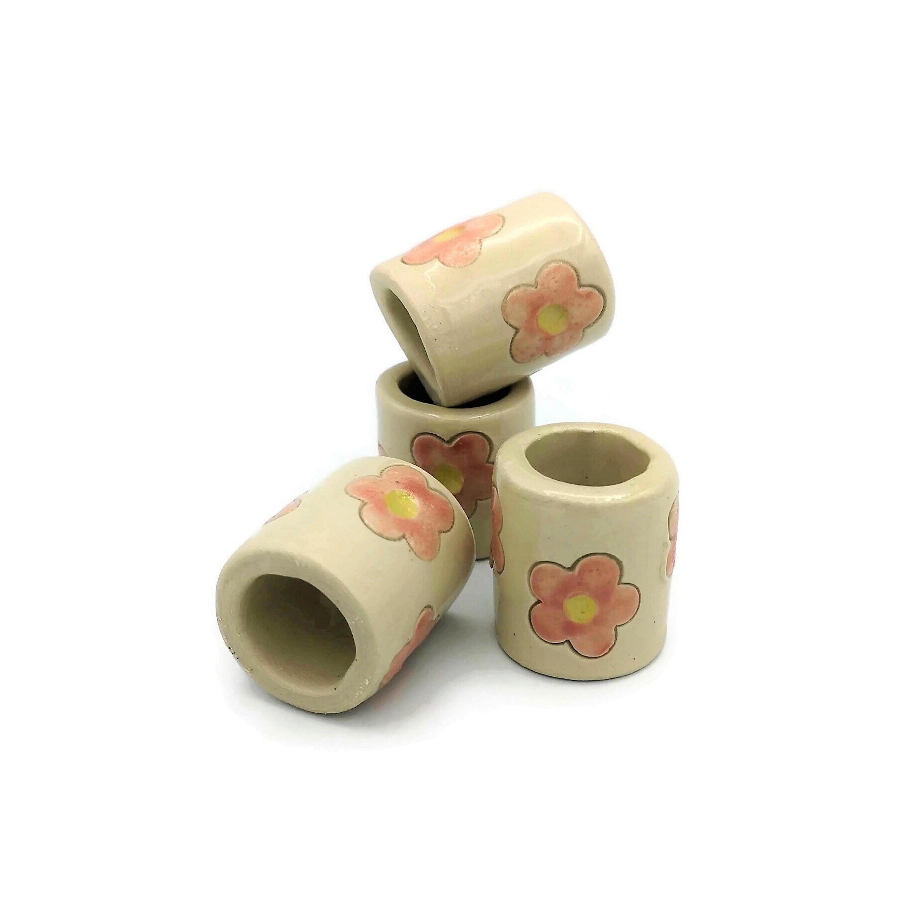 4Pc Hand Painted Flower Extra Large Tube Beads, Unique Clay Beads, 35mm Long Ceramic Beads, Decorative Macrame Beads Large Hole - Ceramica Ana Rafael