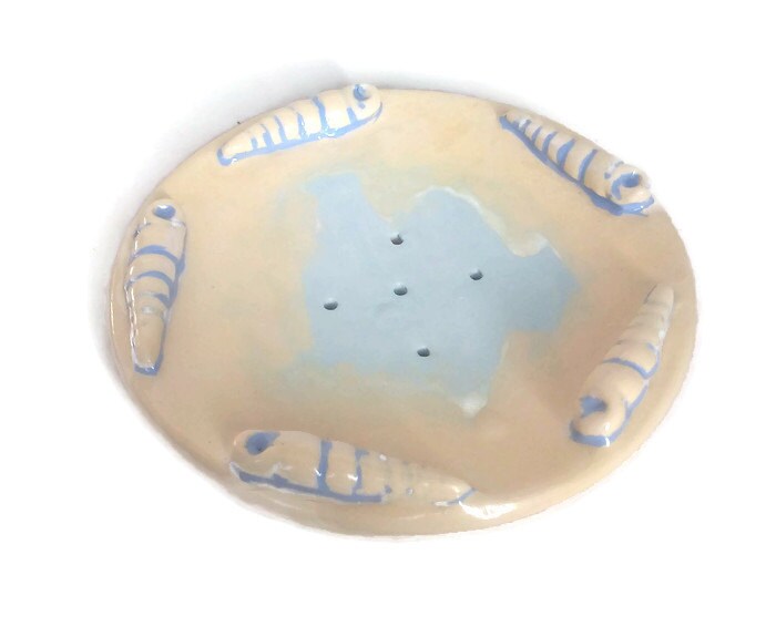 Handmade Ceramic Sea Shell Soap Dish Dispenser Yellow and Blue, Beach Themed Decor Draining Soap Bar Holder, Bathroom Tray For Shaving Soap - Ceramica Ana Rafael