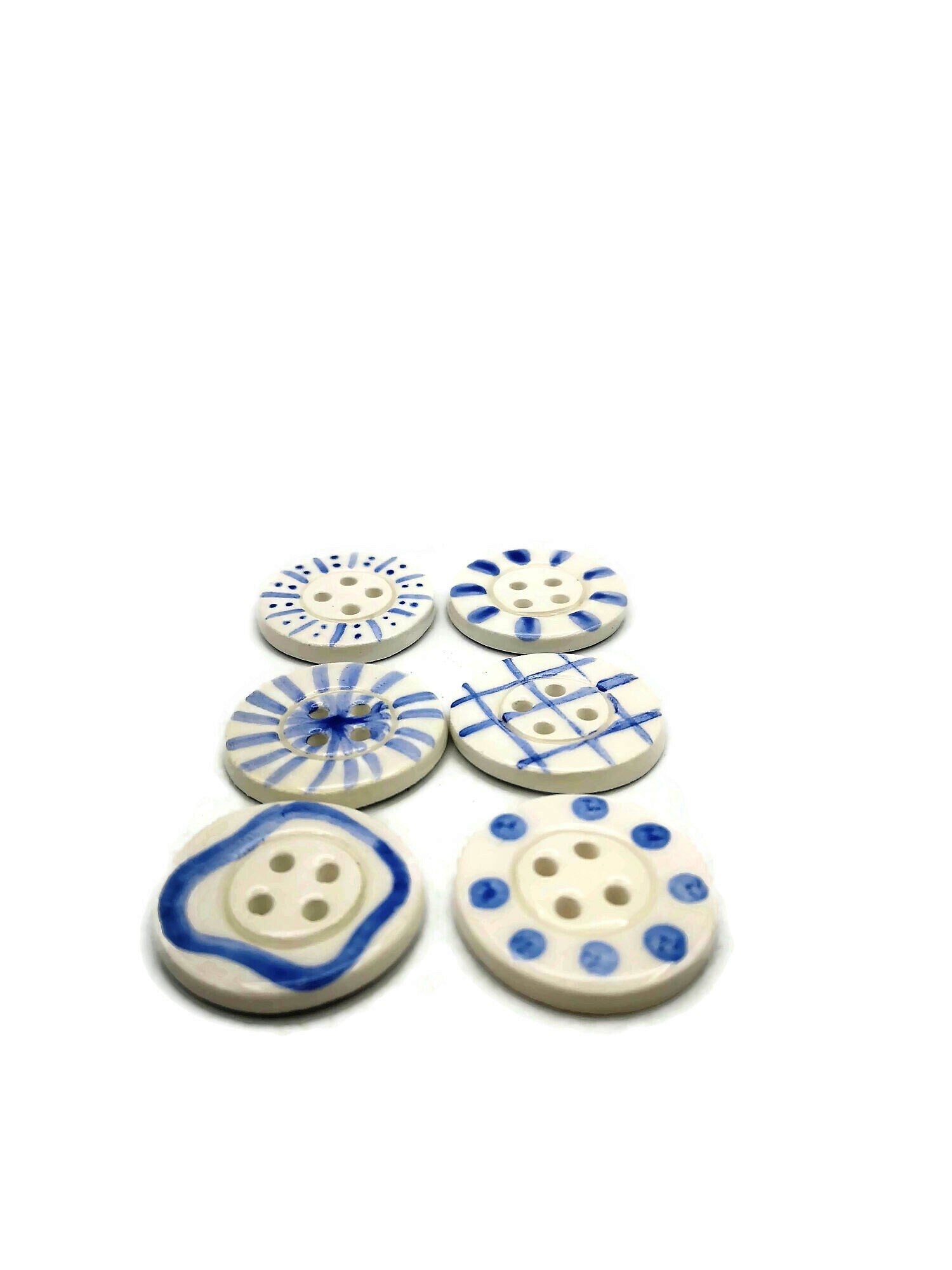 6Pc Large Handmade Ceramic Buttons For Sewing, Hand Painted Antique Look White And Blue Buttons, Best Sellers Sewing Supplies And Notions - Ceramica Ana Rafael