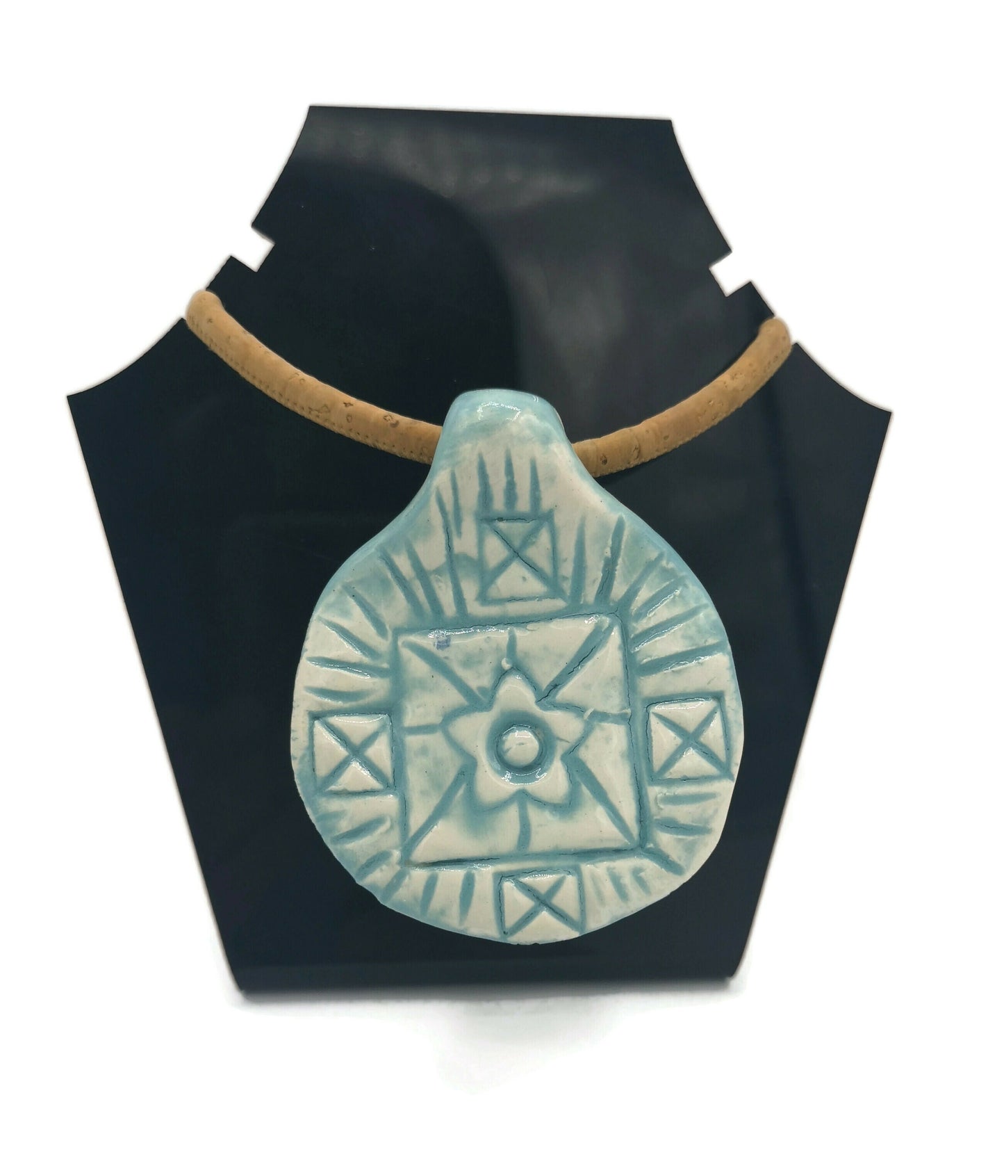 Handmade Ceramic Turquaise Blue Large Necklace Pendant For Statement Jewelry Making, Jumbo Clay Charms Textured With Geometric Motifs - Ceramica Ana Rafael