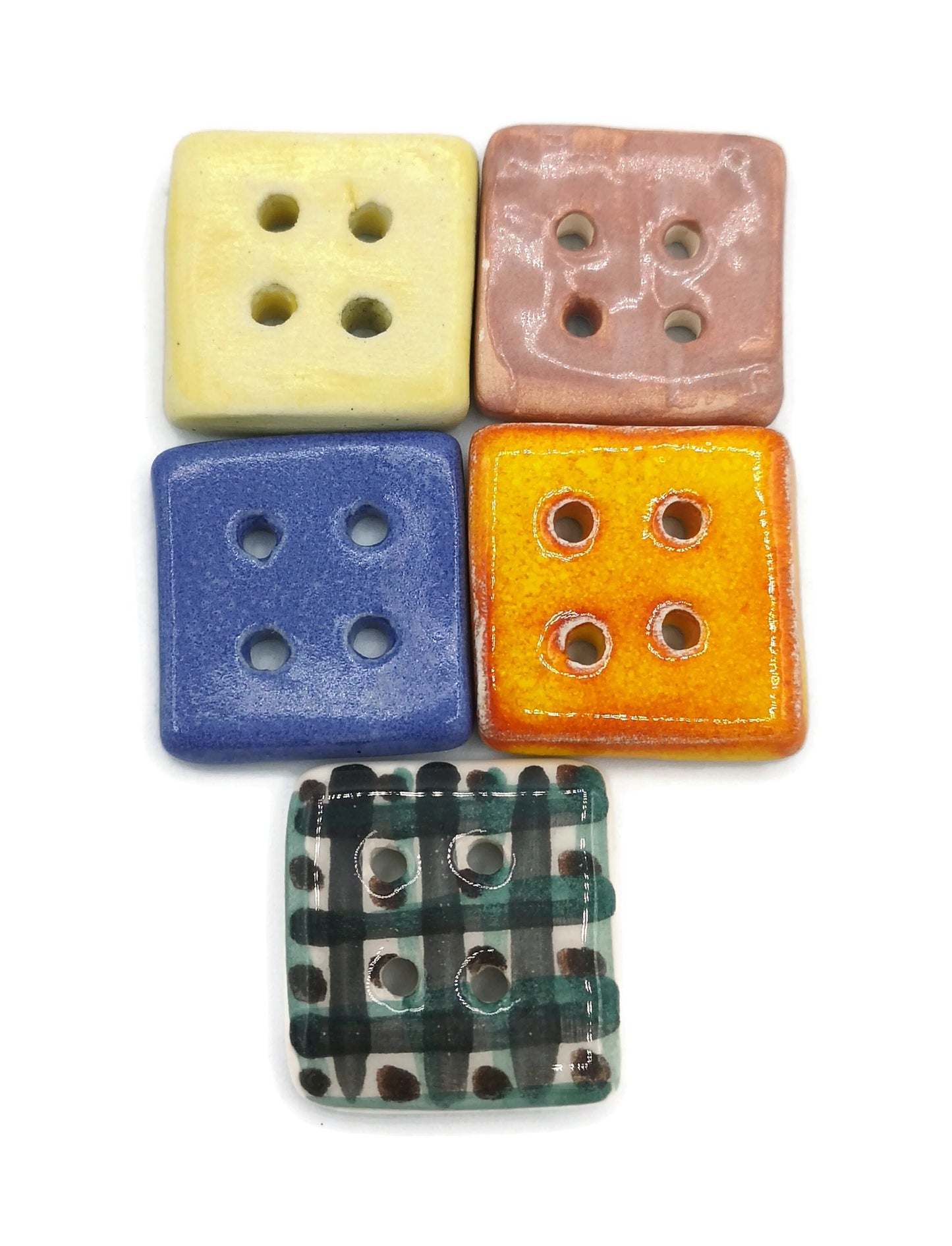 5Pc 30mm Extra Large Sewing Buttons Square Shape 4 Holes Flat Back, Unique Colorful Handmade Ceramic Buttons With Hand Painted Glossy Glaze - Ceramica Ana Rafael