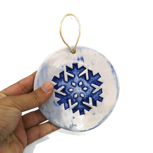 1Pc CERAMIC SNOWFLAKE ORNAMENTS, Clay Wall Hanging, Home Decor Gifts Christmas, Blue Handmade Holidays Home Decor, Winter Accents
