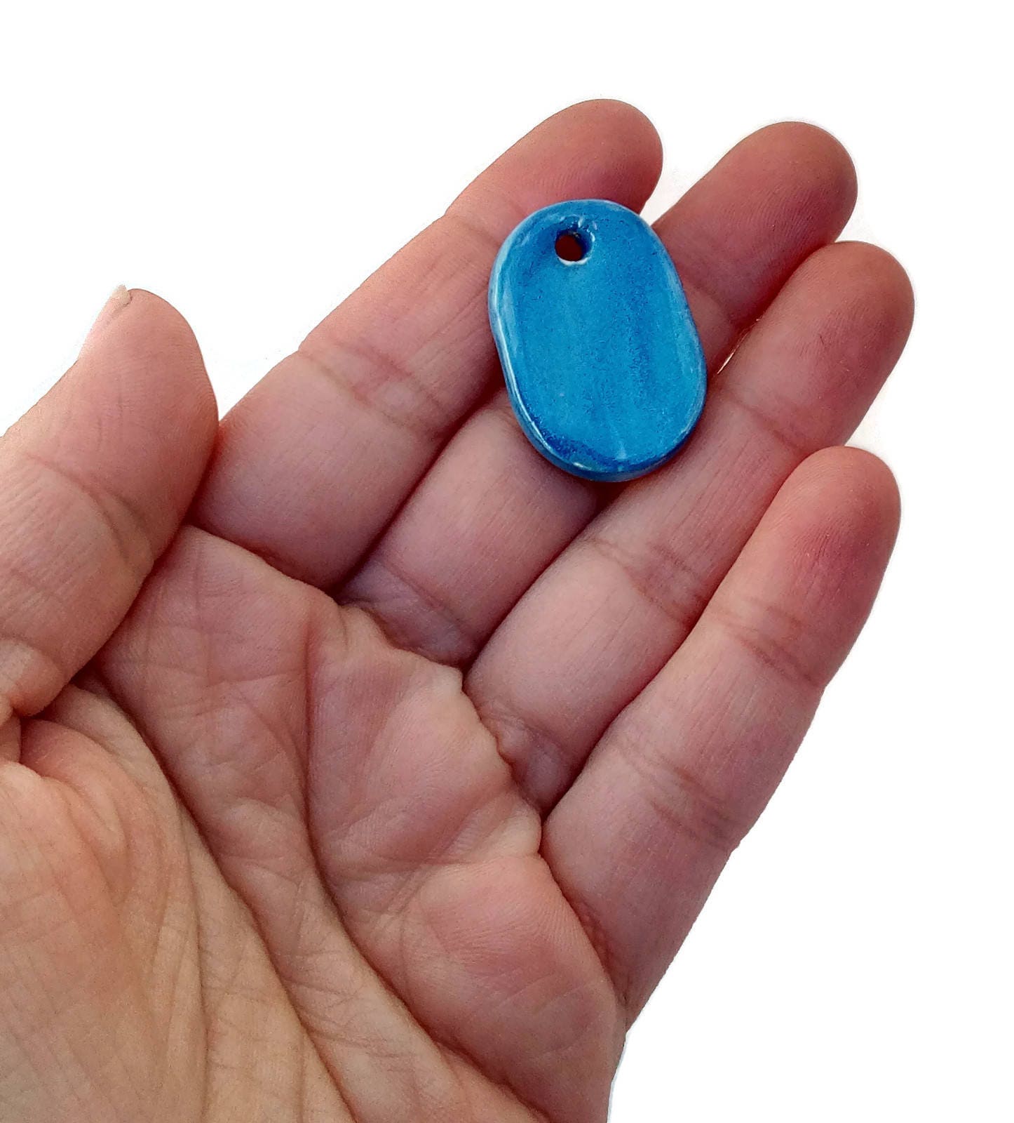 1Pc 30mm Handmade Ceramic Blue Modern Necklace Pendant For Jewelry Making, Oval Shaped Clay Charm For Eclectic Jewelry, Unique Gift For Mom - Ceramica Ana Rafael