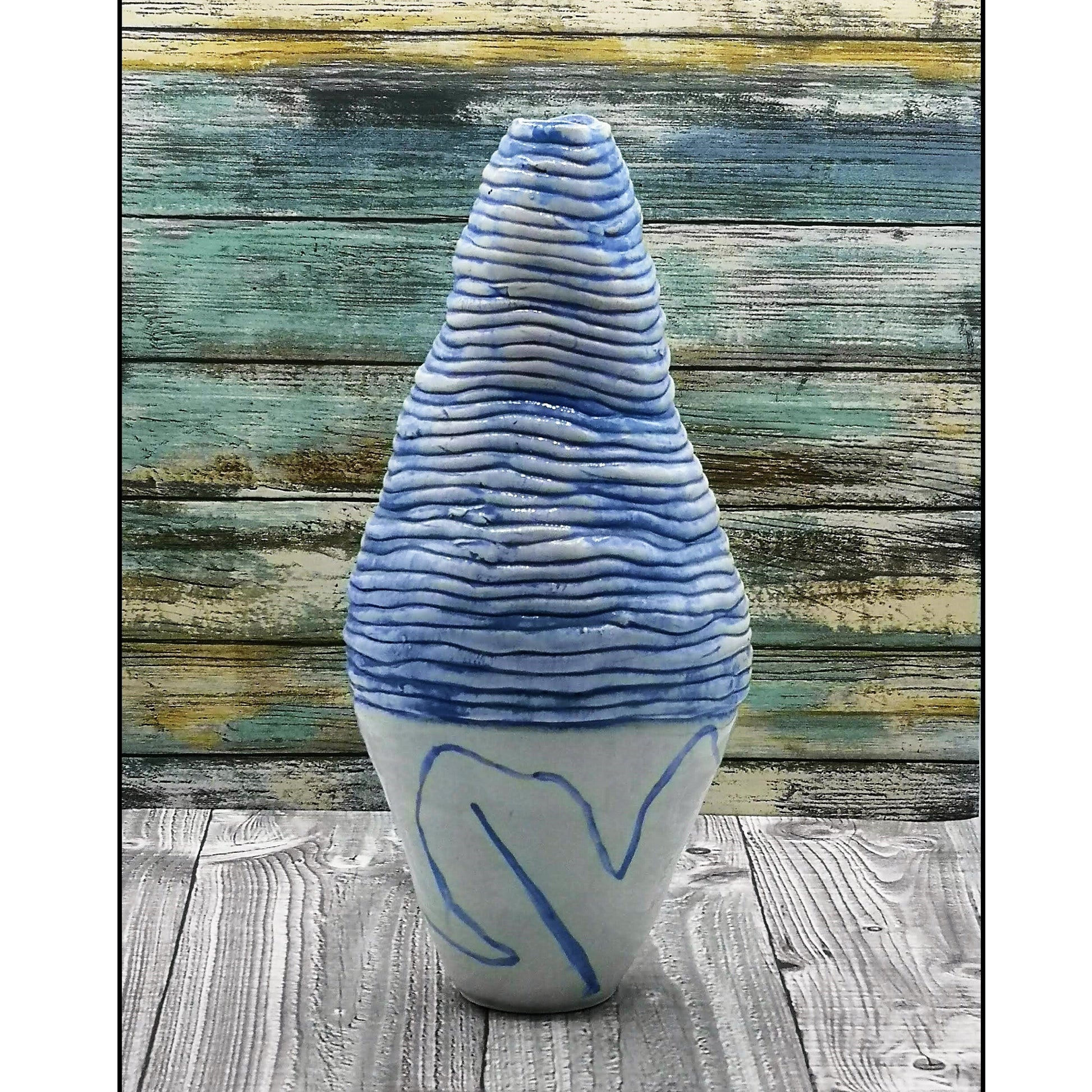 Sculptural Textured Blue Handmade Ceramic Vase, Unique Tall Vase With Organic Shape, Wedding Gift For Couple, New Home Gift - Ceramica Ana Rafael