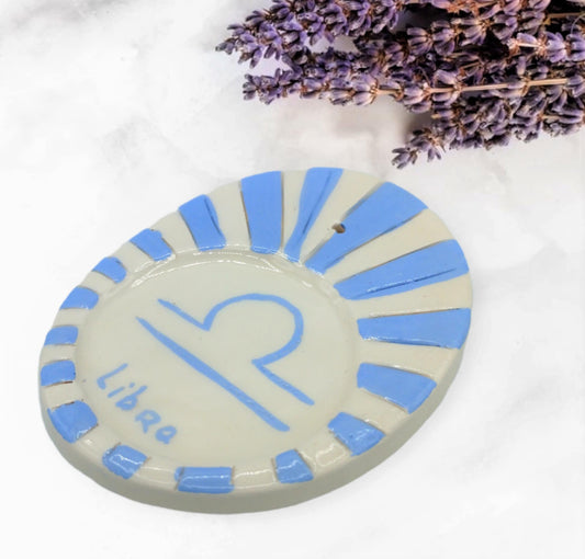 Handmade Ceramic Incense Stick Holder With Zodiac Sign, Hand Painted Blue And White Libra Incense Cone Burner, 9th Anniversary Gift Idea - Ceramica Ana Rafael