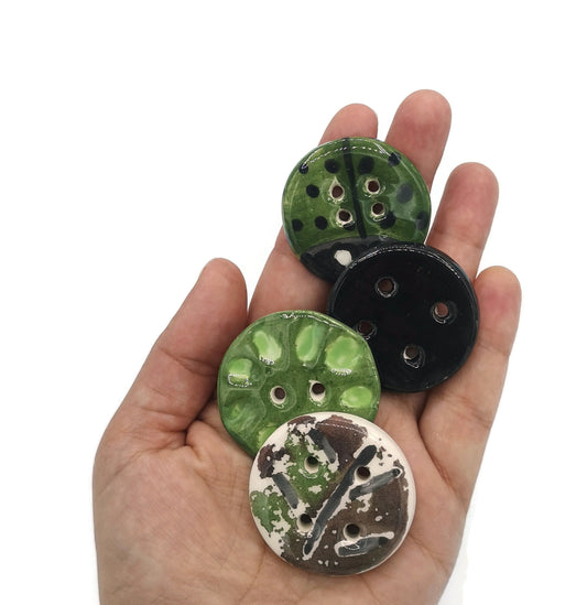 4Pcs Large Green Ceramic Buttons Hand Painted, Decorative Flat Sewing Buttons, Handmade Clay Buttons Round Shape 4 Holes, Best Sellers - Ceramica Ana Rafael