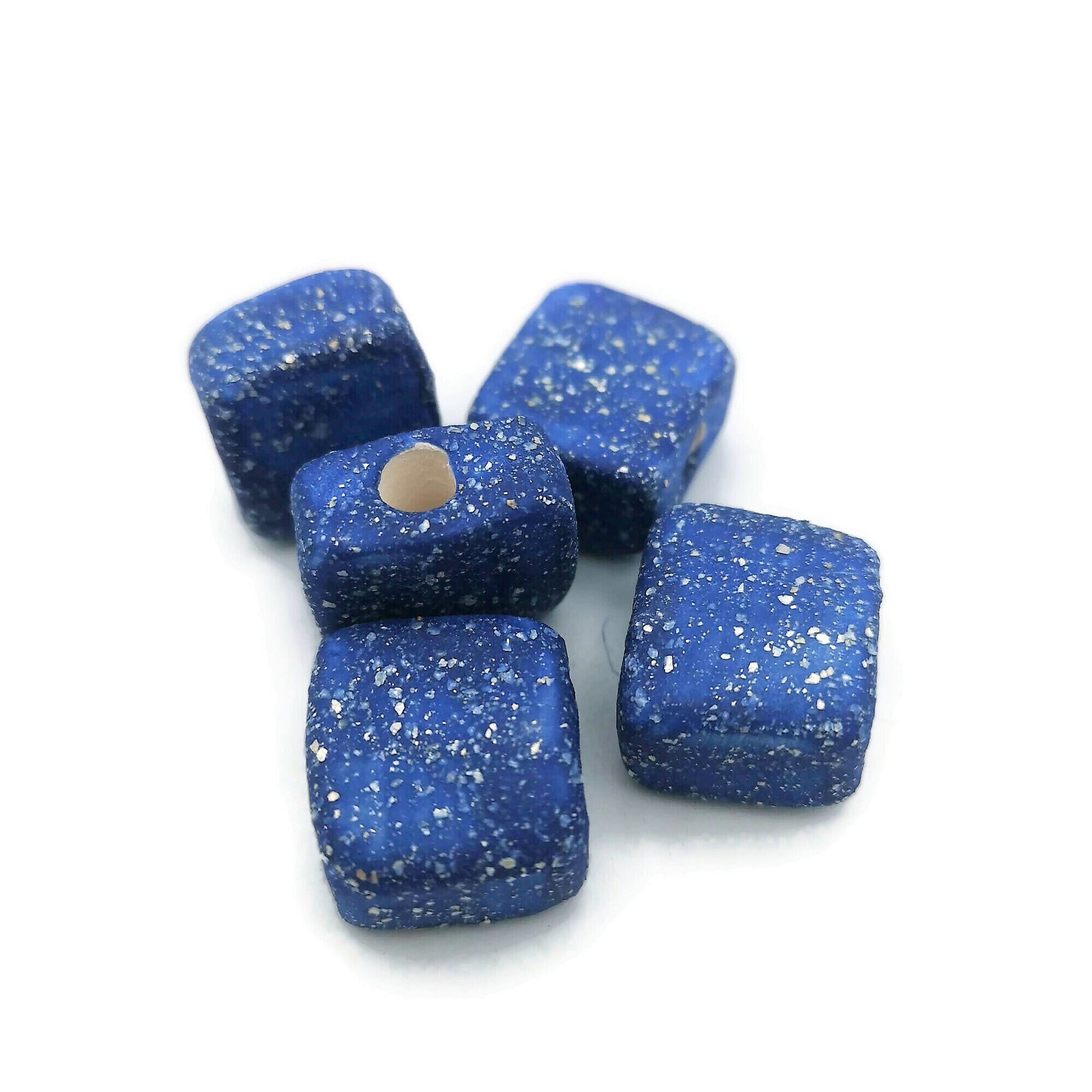 5Pc Handmade Ceramic Beads Jewelry Making, Unique Square Bead Unusual, ClayMacrame Beads Large Hole 5mm Dreadlock Beads - Ceramica Ana Rafael