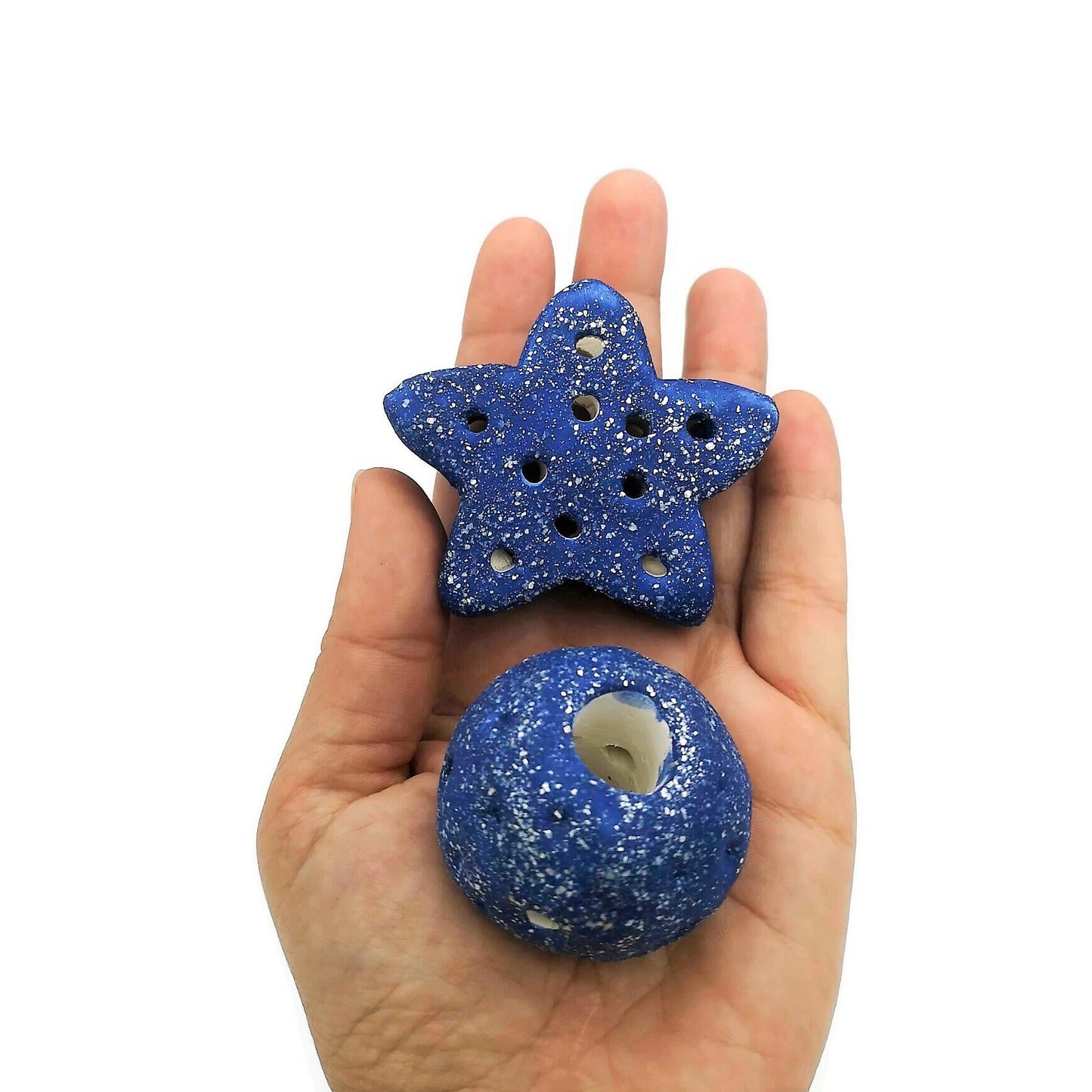 Extra Large Ceramic Beads, Giant Macrame Beads, Round Ball And Star Ornaments, Large Hole Beads Handmade, Sparkly Blue Focal Point Beads - Ceramica Ana Rafael