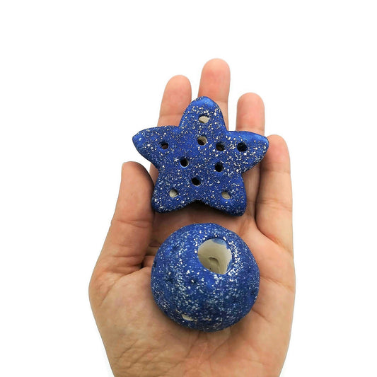 Extra Large Ceramic Beads, Giant Macrame Beads, Round Ball And Star Ornaments, Large Hole Beads Handmade, Sparkly Blue Focal Point Beads - Ceramica Ana Rafael