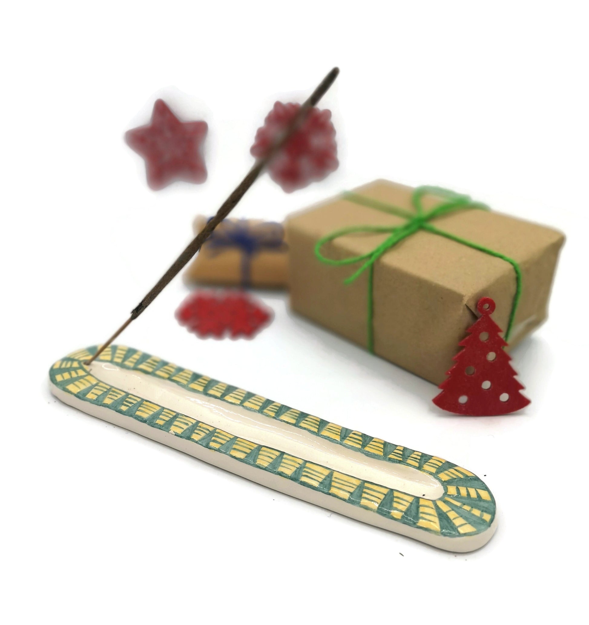 Handmade Ceramic Incense Stick Holder, Hand Pinted Green And Yellow Long Incense Tray, Artisan Portuguese Potery Gift Idea For Women - Ceramica Ana Rafael