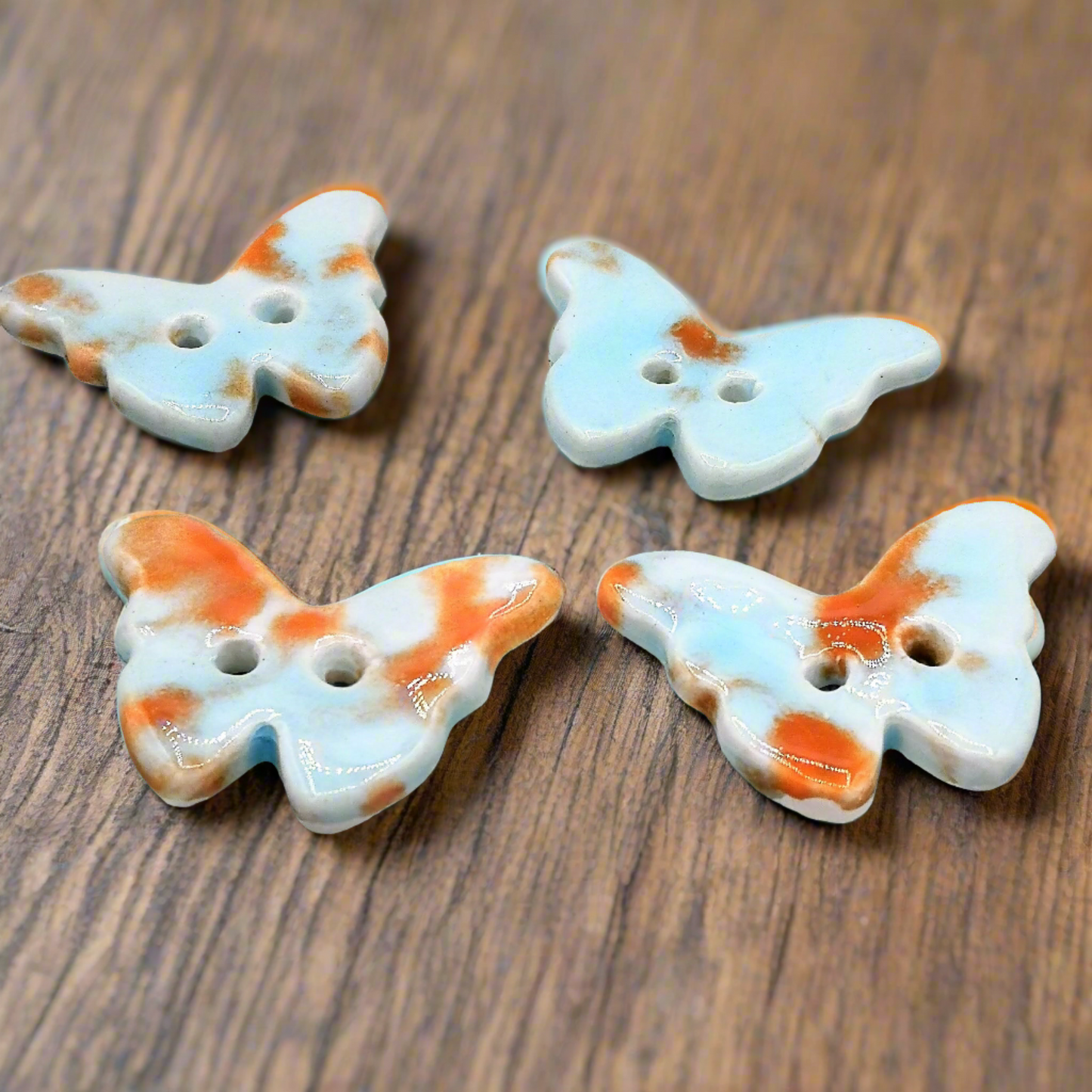 Handmade Butterfly Ceramic Buttons – Turquoise Blue with Orange Accents, Set of 4, Large Fancy Designer Buttons