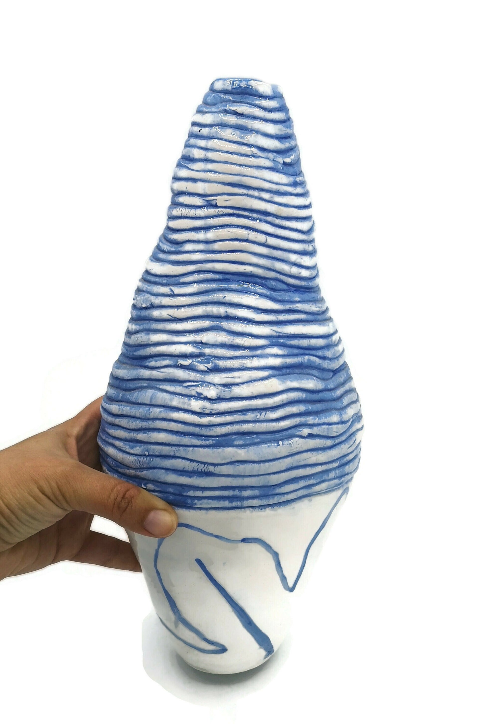 Sculptural Textured Blue Handmade Ceramic Vase, Unique Tall Vase With Organic Shape, Wedding Gift For Couple, New Home Gift - Ceramica Ana Rafael