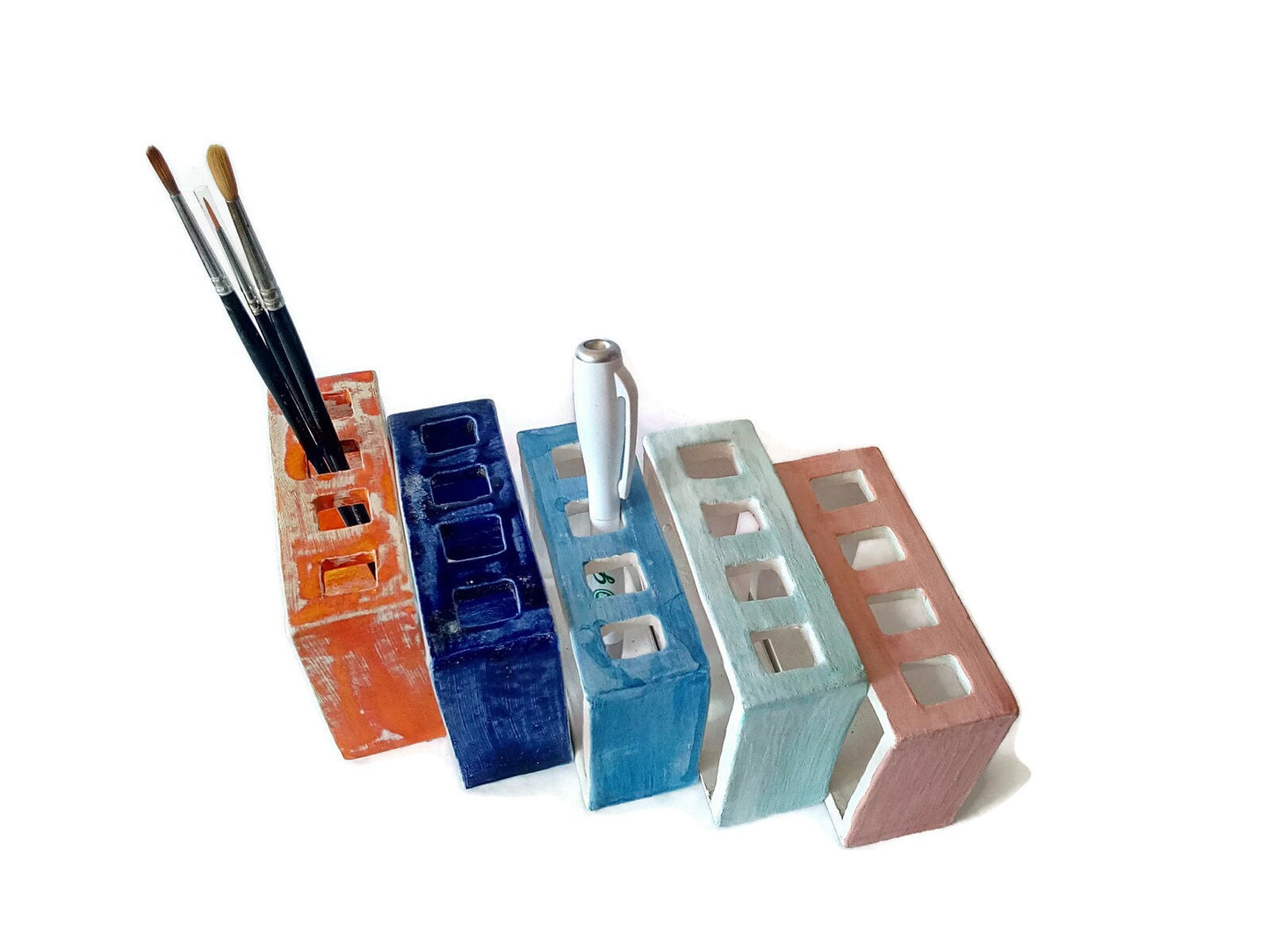 CERAMIC TOOTHBRUSH HOLDER, Pencil Holder, Blue Handmade Utensil Holder For Bathroom - Ceramica Ana Rafael