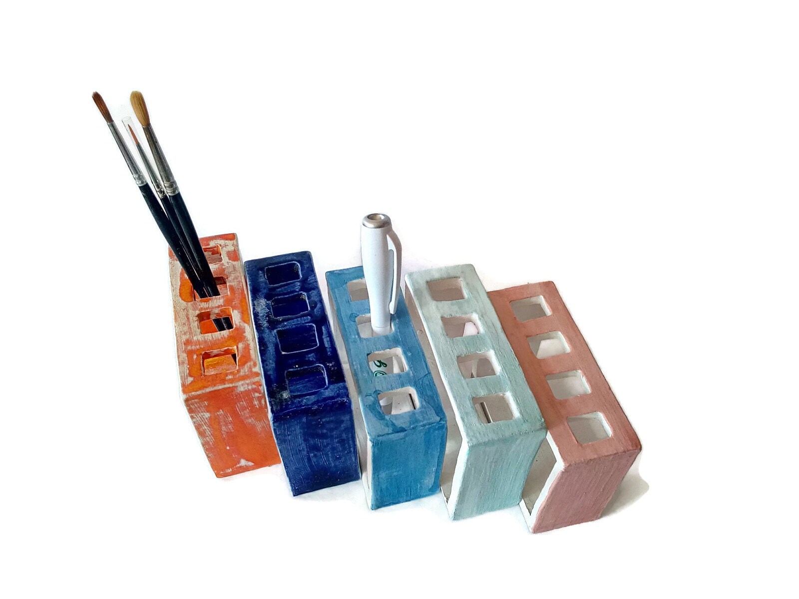 CERAMIC TOOTHBRUSH HOLDER, Pencil Holder, Blue Handmade Utensil Holder For Bathroom - Ceramica Ana Rafael