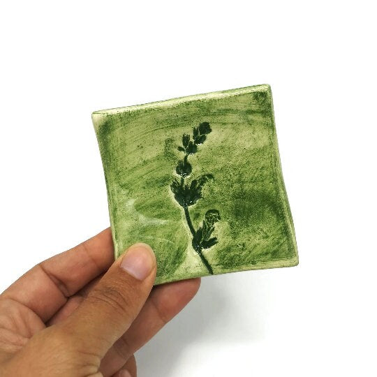 1Pc Clay Ring Dish, Plant Lovers Birthday Gifts, square ceramic trinket dish, 9th-anniversary gift, Sage Flower or Rosemary Leaves Design - Ceramica Ana Rafael