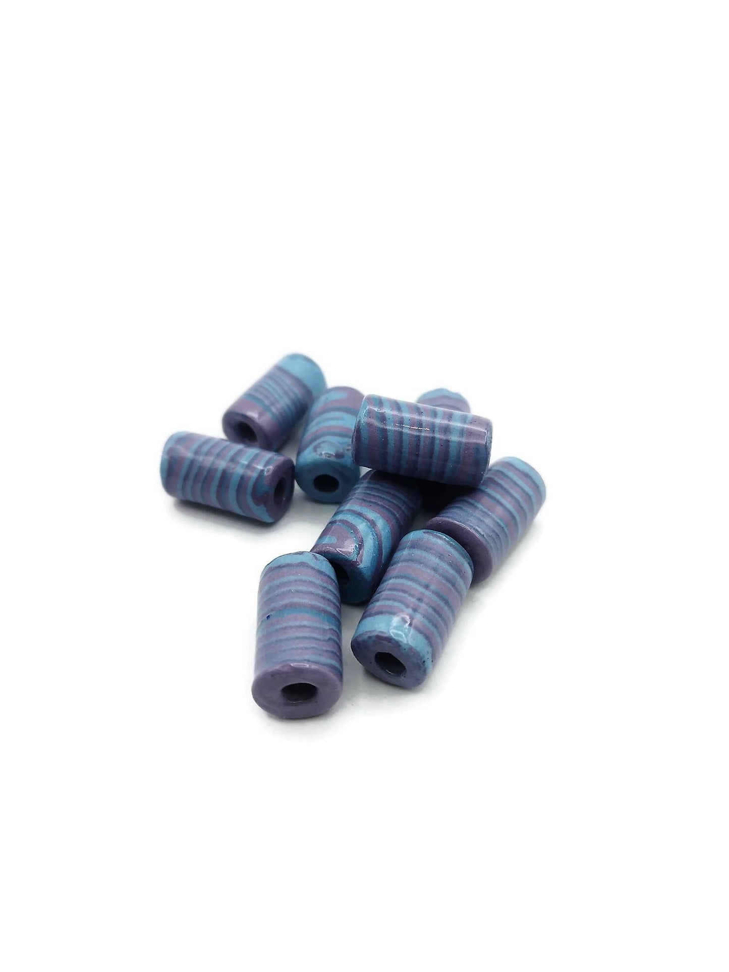 9 Pc Large Handmade Ceramic Tube Beads for Jewelry Making, Artisan Purple and Blue Macrame Beads 4mm Hole, Unique Beard Beads for Hair Braid - Ceramica Ana Rafael