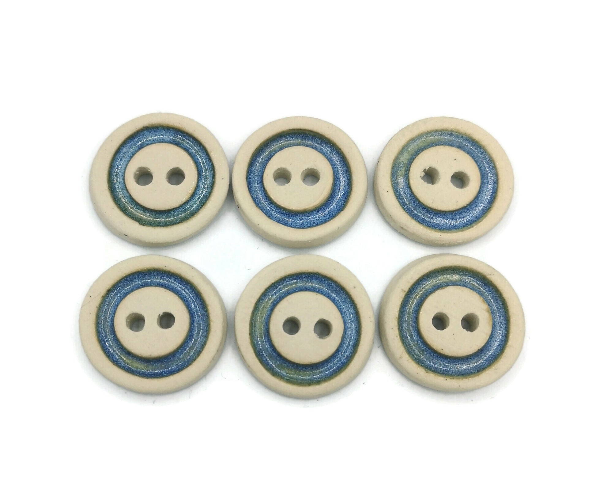 6Pc 25mm/1in Handmade Ceramic Sewing Buttons, Matte Beige With Glossy Blue Accent, Novelty Clay Buttons For Crafts, Unique Pottery Buttons - Ceramica Ana Rafael