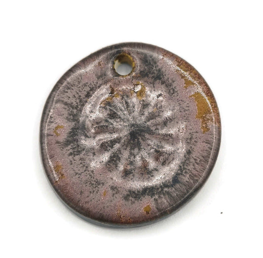 1Pc 40mm Extra Large Handmade Ceramic Necklace Pendant For Jewelry Making With Cooper Tones Poppy Design, Unique Clay Charm
