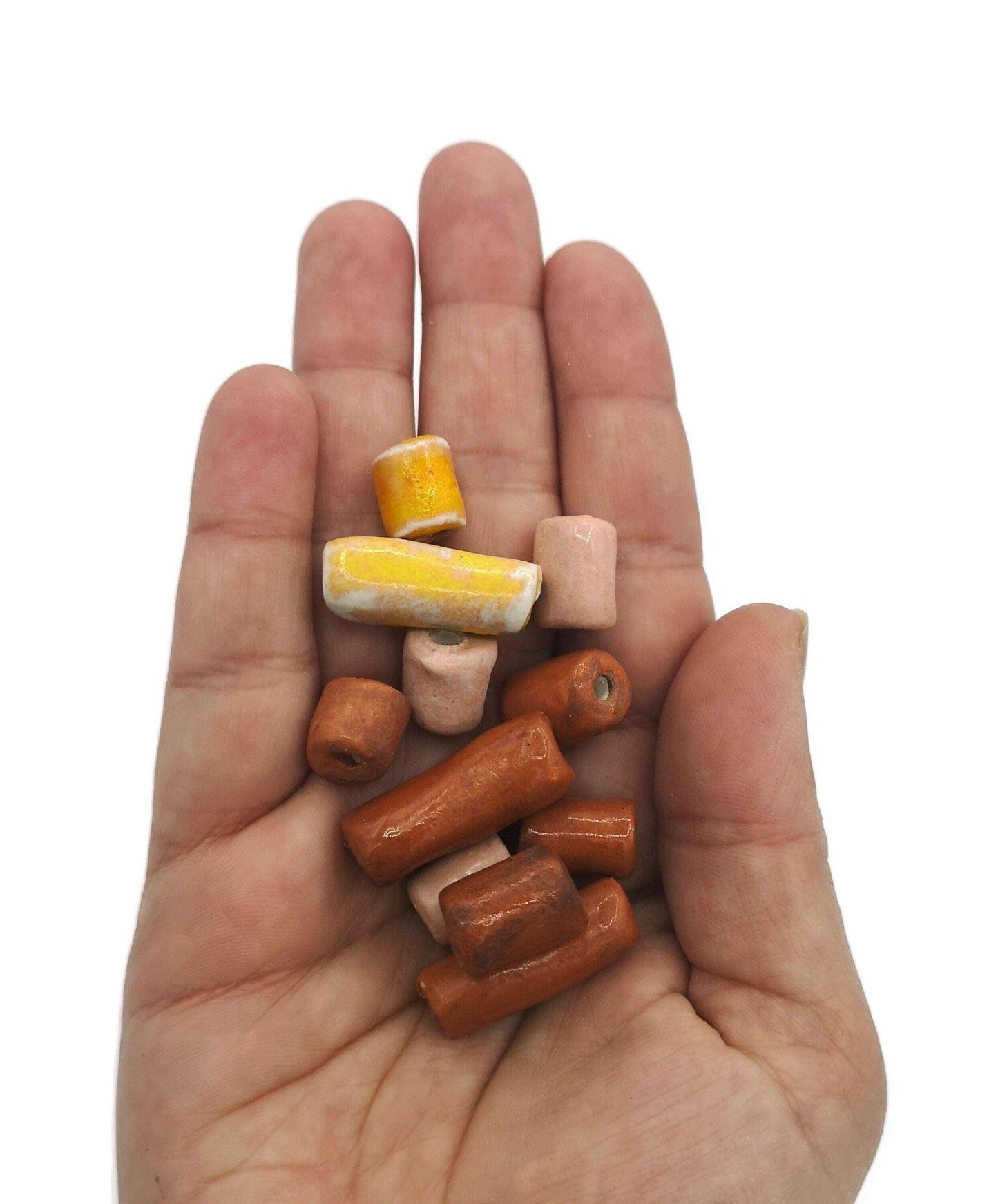 11Pc 12 to 25mm Long Handmade Ceramic Skinny Tube Beads, Mixed Jewelry Making Unique Clay Beads For Crafts, Artisan Macrame Beads Large Hole