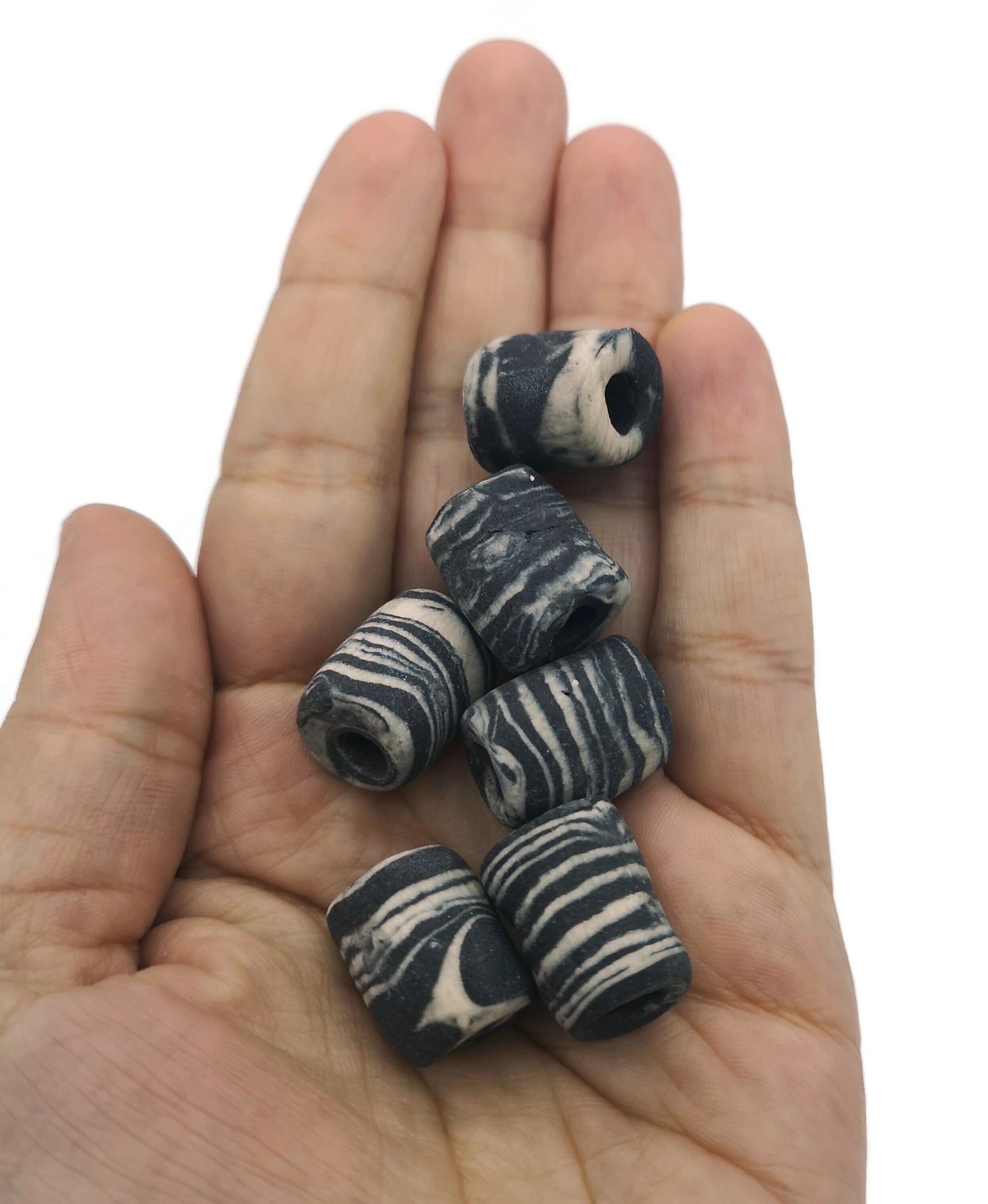6Pcs Macrame beads large hole, handmade ceramic tube beads for jewelry making, unique black and white beads, dreadlock beads, best sellers - Ceramica Ana Rafael