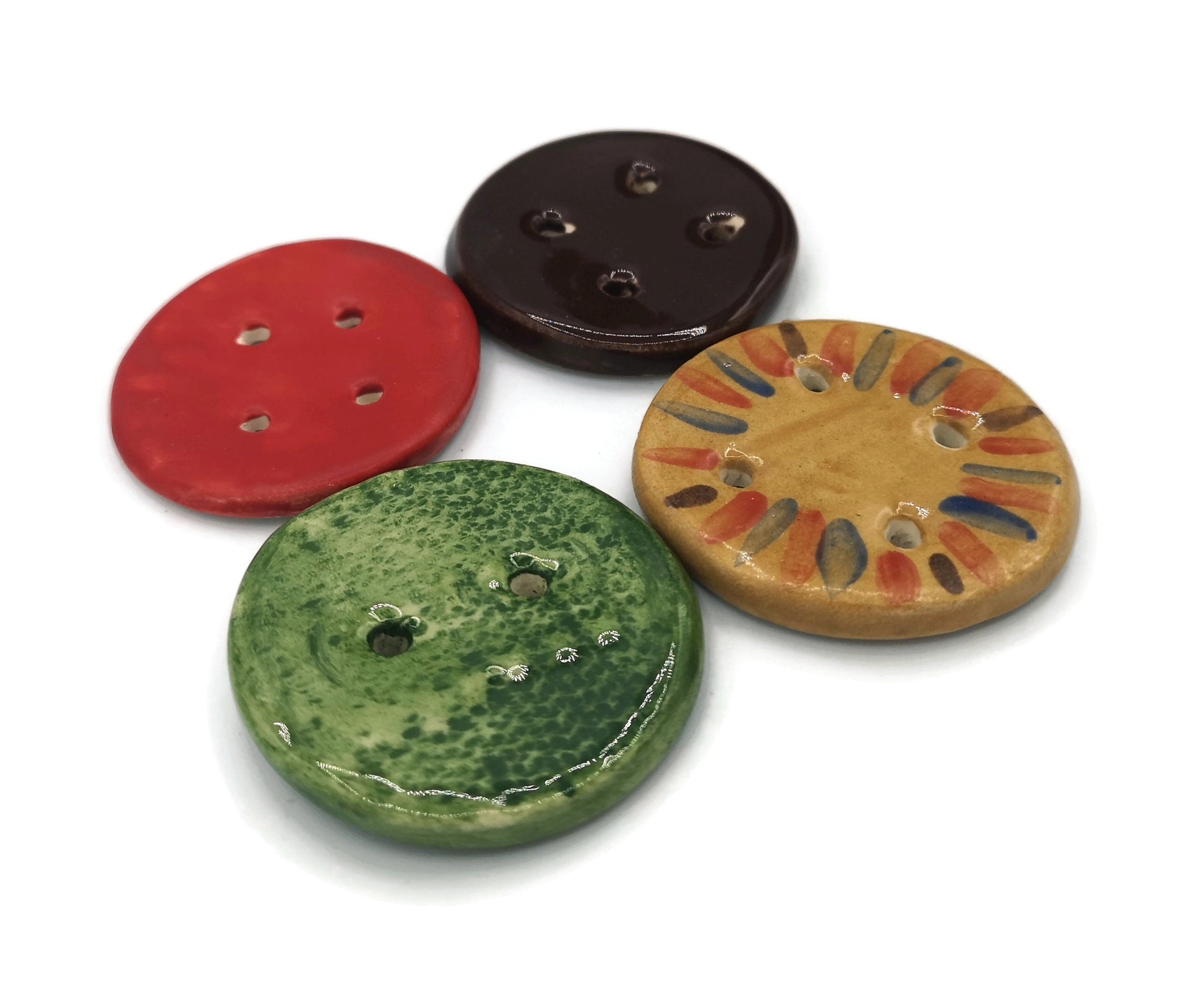 4Pc 45mm Extra Large Clay Sewing Buttons, Handmade Ceramic Round Strange And Unusual Sewing Supplies And Notions, Hand Painted Button Lot - Ceramica Ana Rafael