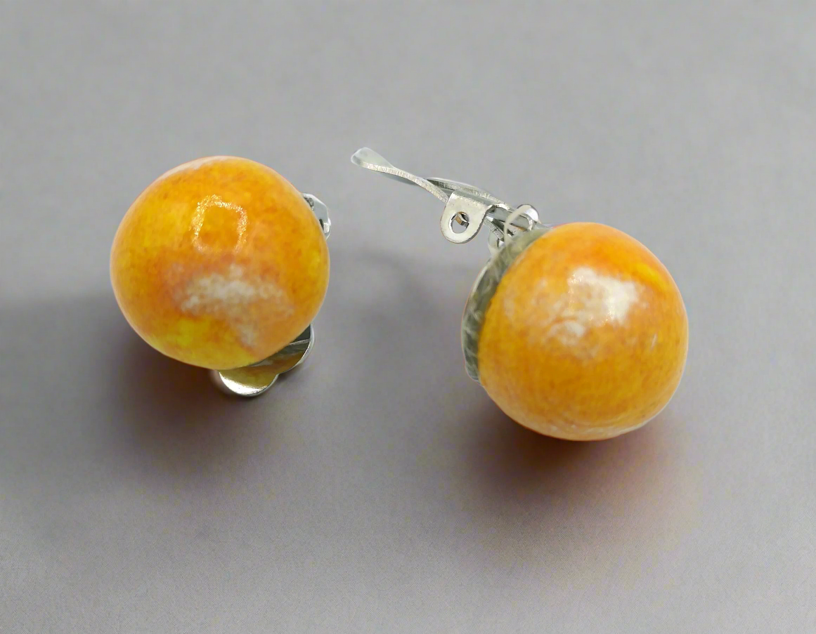 Orange Clip-On Earrings – Handmade Ceramic Minimalist Earrings, Non-Pierced Artsy Studs, Gift for Her