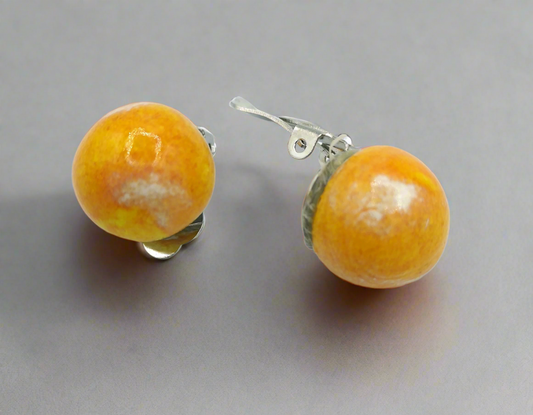 Orange Clip-On Earrings – Handmade Ceramic Minimalist Earrings, Non-Pierced Artsy Studs, Gift for Her
