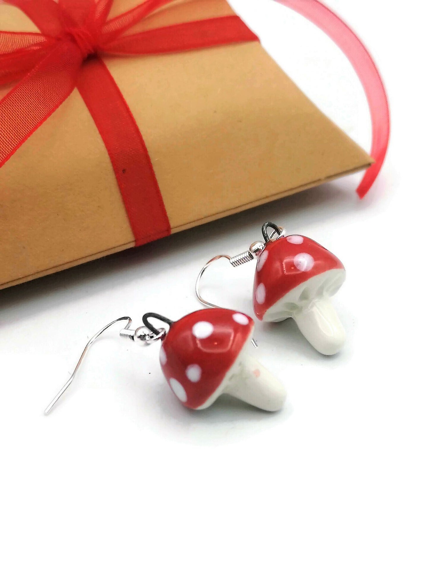 Handmade Ceramic Red Mushroom Earrings For Women, Cottagecore Artisan Jewelry Gift For Her, Best Boho Sterling Silver Cute Dangle Earrings - Ceramica Ana Rafael