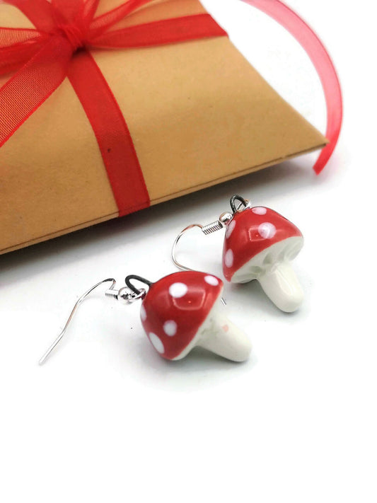 Handmade Ceramic Red Mushroom Earrings For Women, Cottagecore Artisan Jewelry Gift For Her, Best Boho Sterling Silver Cute Dangle Earrings - Ceramica Ana Rafael